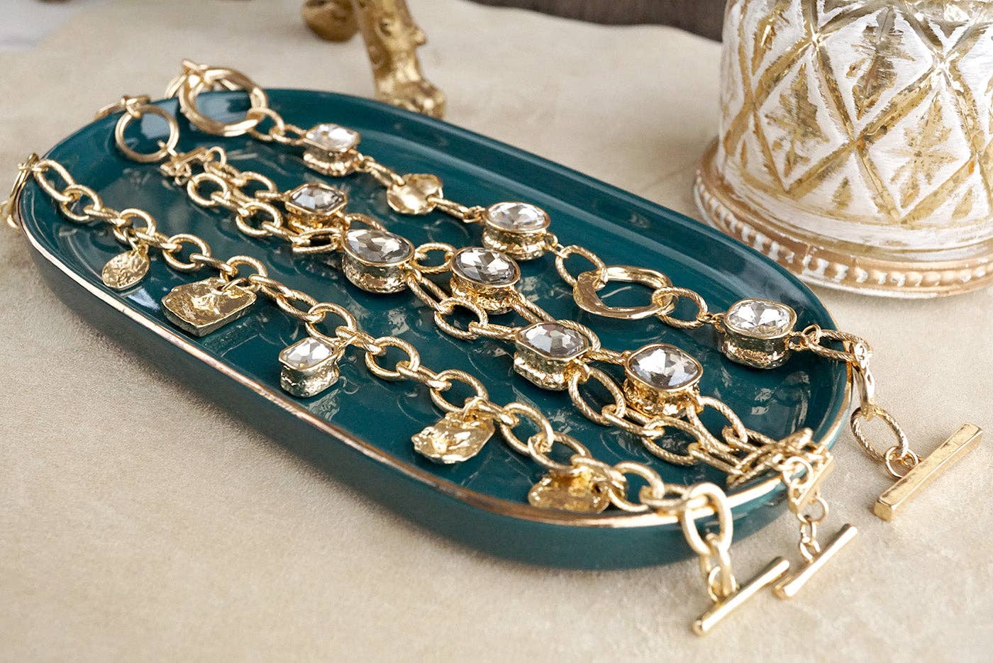 Brilliant Bond – Statement Chain Bracelets with Reflective Crystals: Double strand - Gray crystals