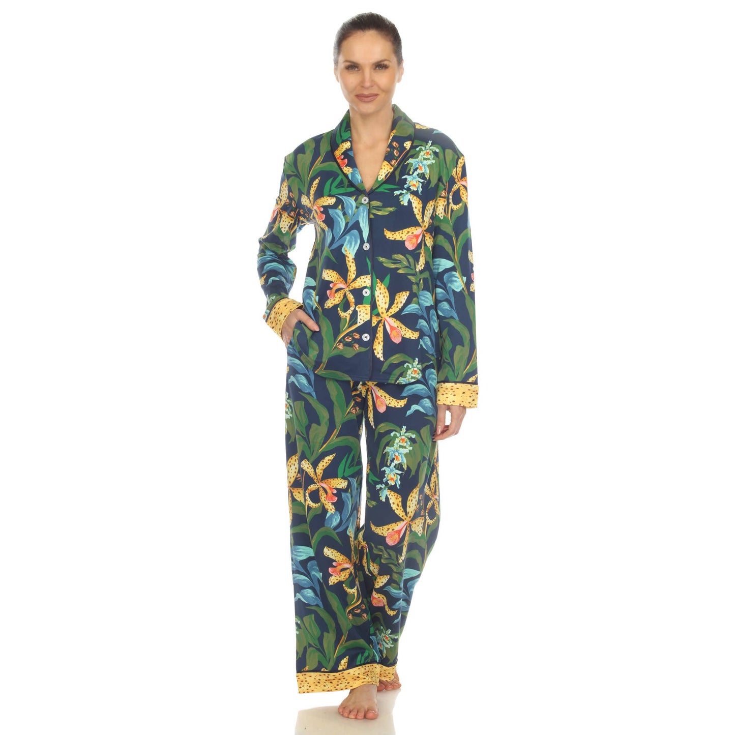 Women's Two Piece Wildflower Print Pajama Set: Navy / M
