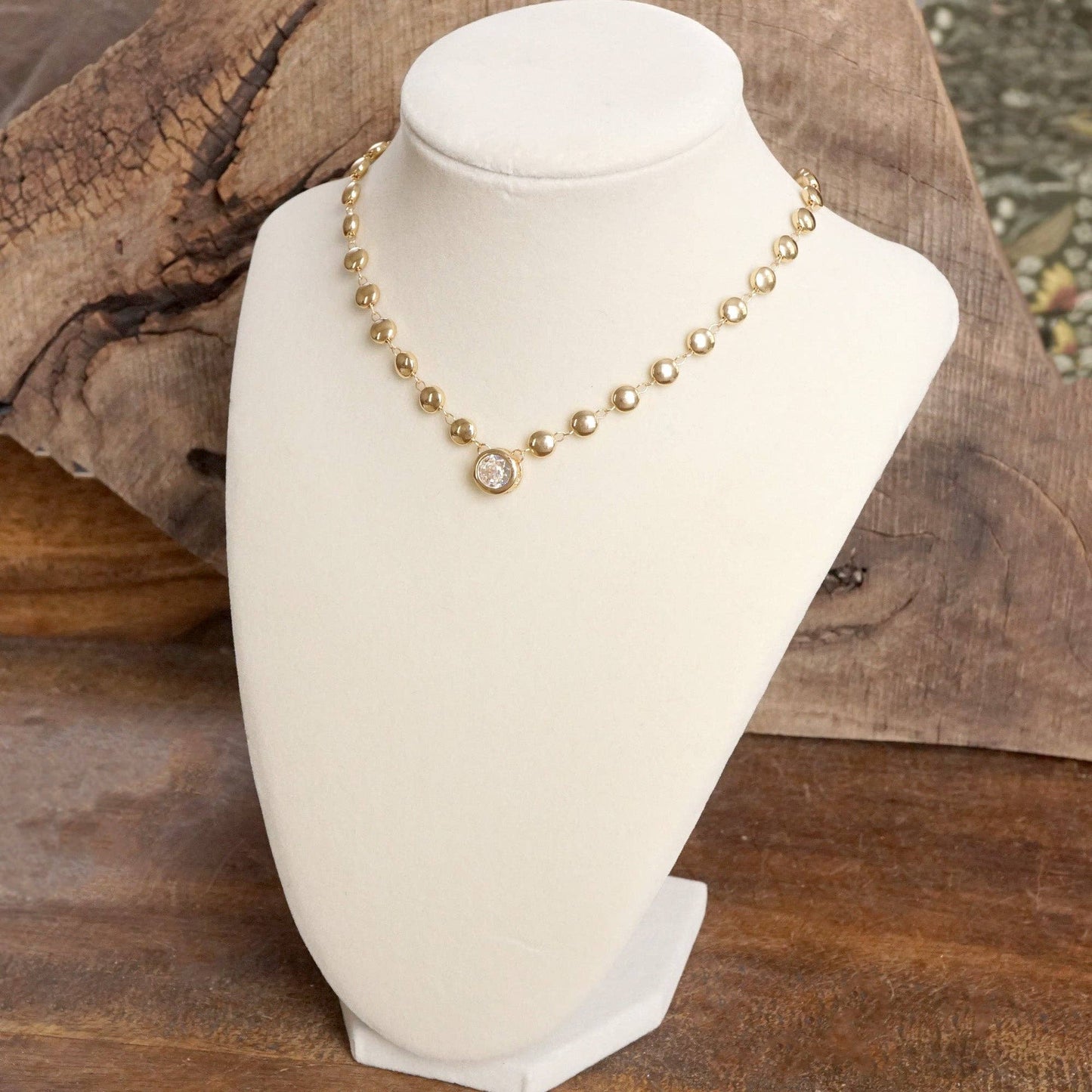Clear Crystal Bezel Pendant Dot Chain Neckline Necklace: Silver Tone