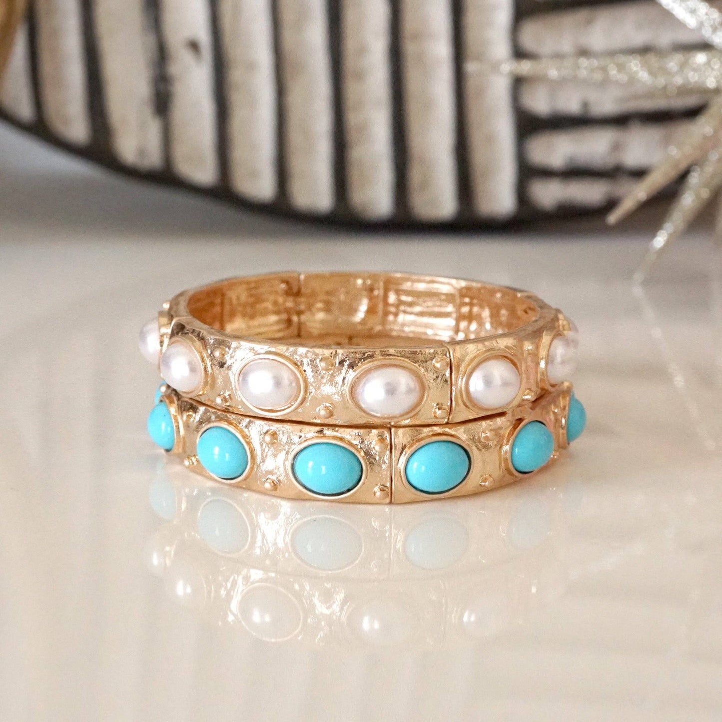 Classic Golden Stretchy Bangles – Pearl or Turquoise Accents: Turquoise