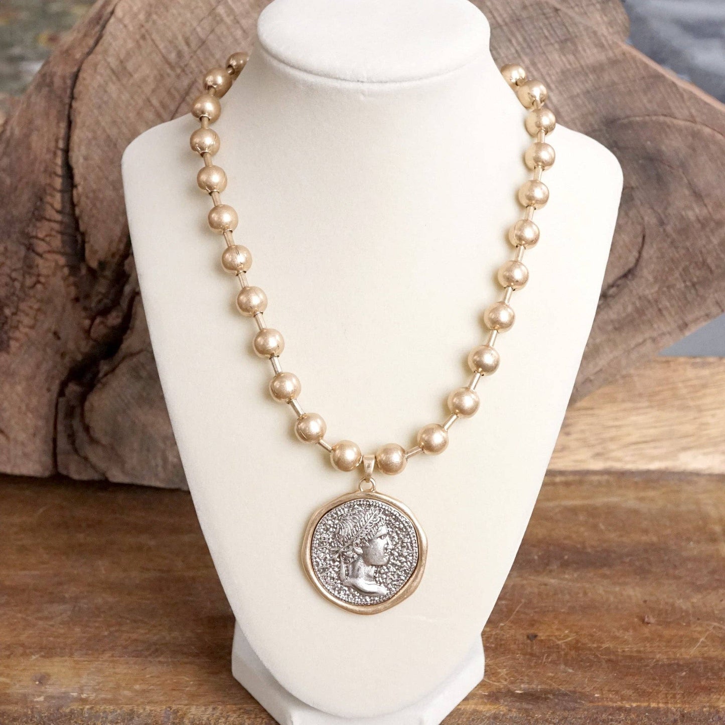 Coin Chunky Ball Chain Statement Necklace – Gold and Silver Tone: Gold