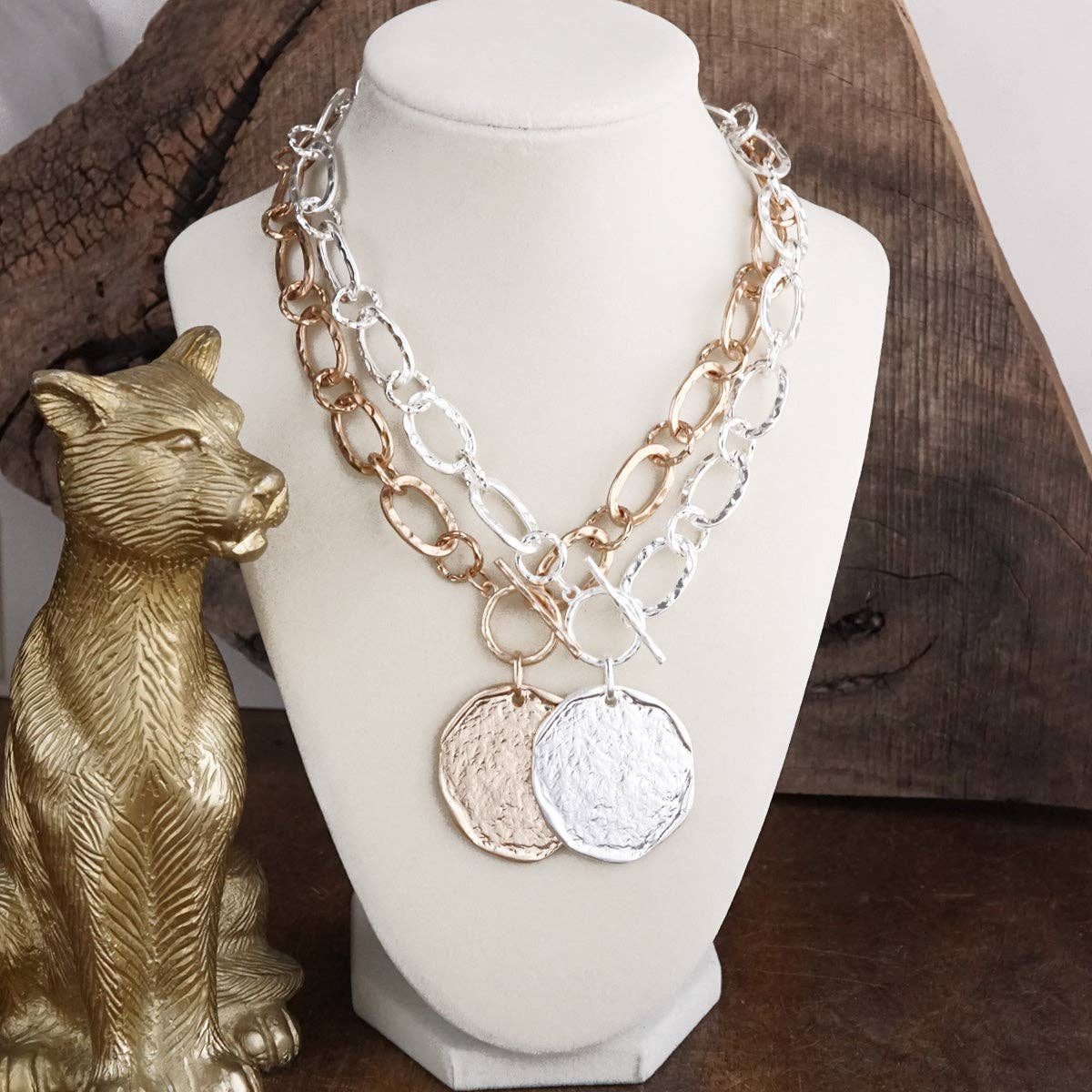 Nomad Glow – Front Toggle Statement Necklace with Hammered Disc: Worn Silver Tone