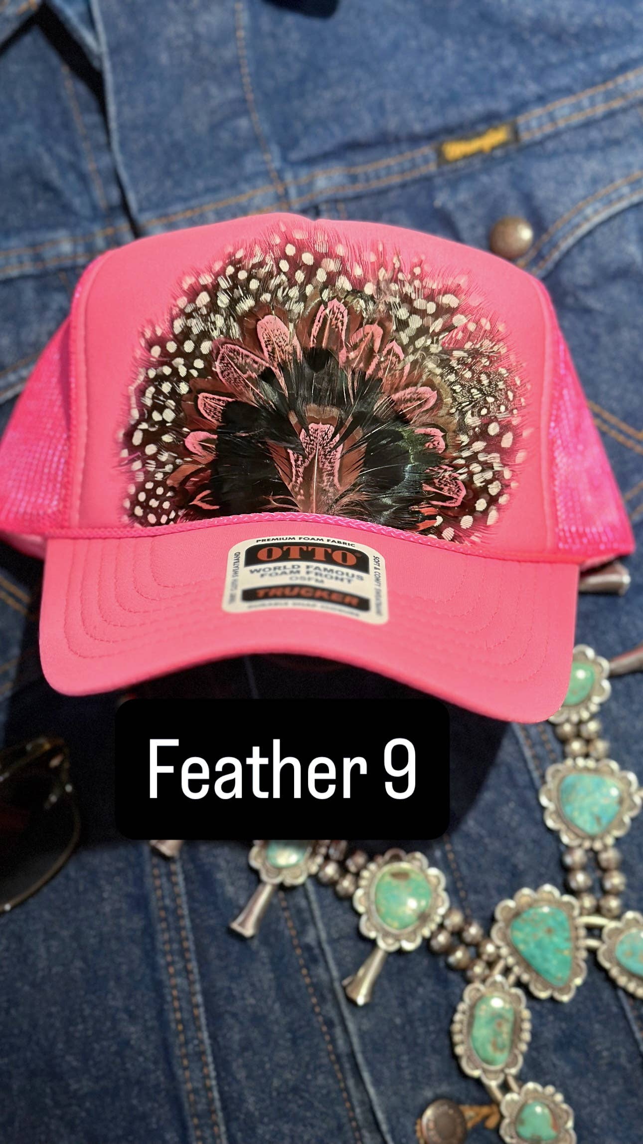 HOT PINK FEATHER TRUCKER HAT: No Faux Turquoise / Feather 1
