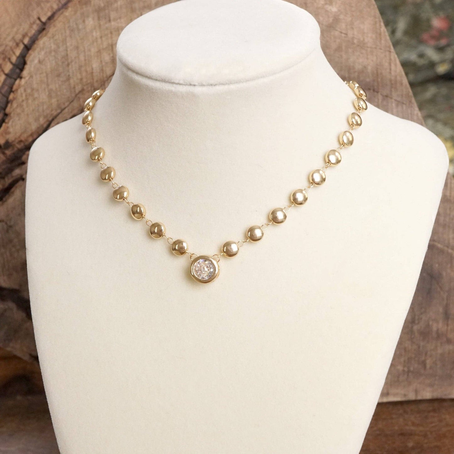 Clear Crystal Bezel Pendant Dot Chain Neckline Necklace: Silver Tone