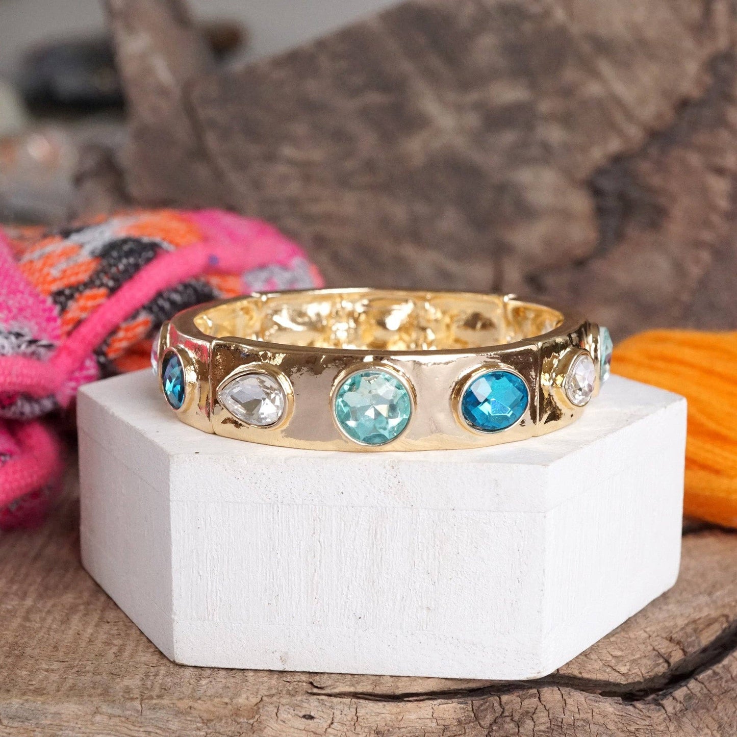 Sparkly Crystal Stretch Bangles – Gold Tone with Color Options: Neutrals