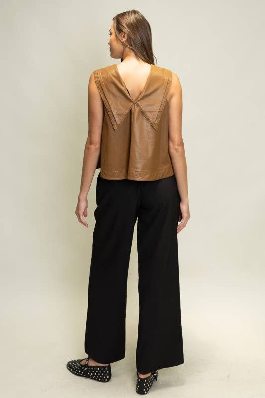 SOT1241 Faux Leather Sailor Collar Top: Black / S-M-L (2-2-2)