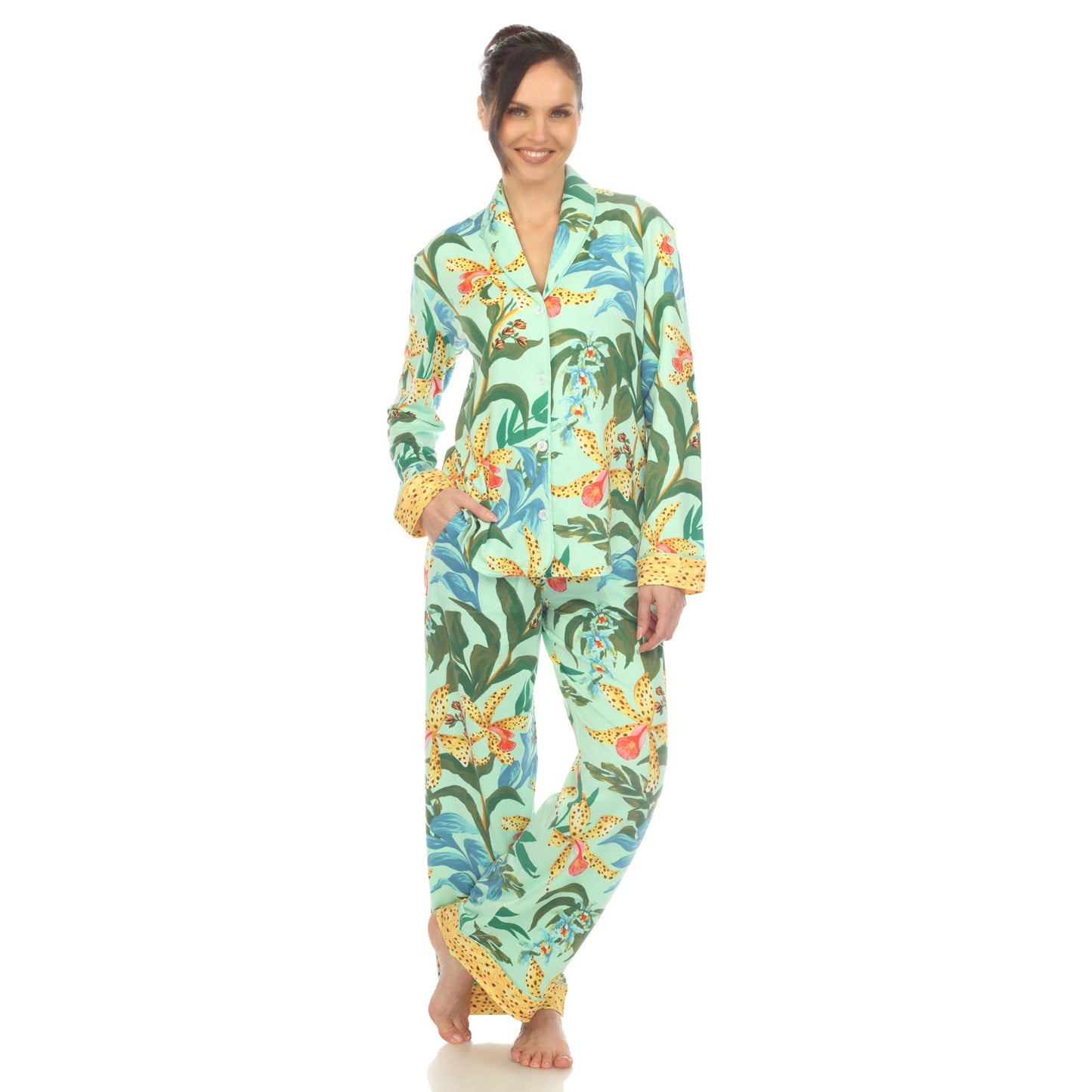 Women's Two Piece Wildflower Print Pajama Set: Navy / XL