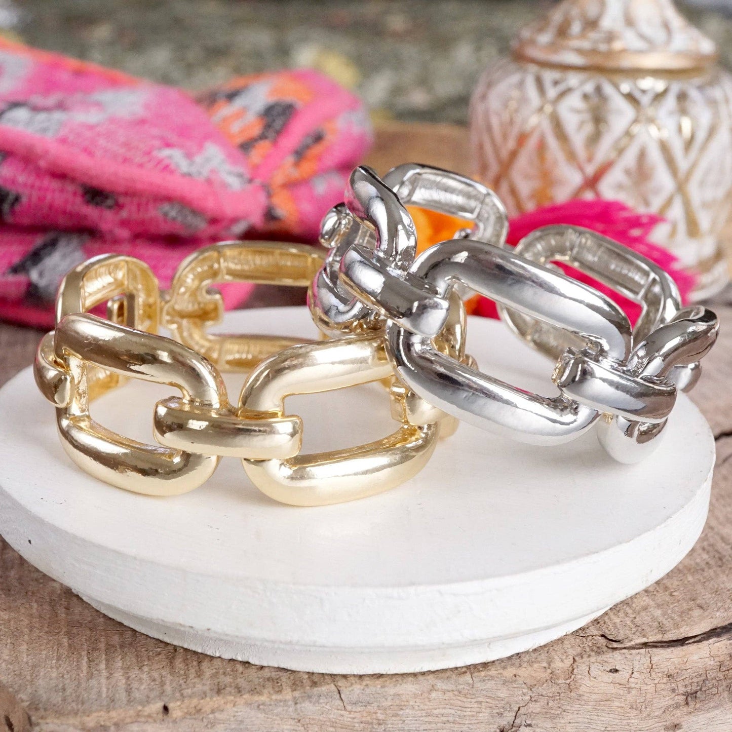 Chunky Chain Statement Stretchy Bangle Bracelet in gold or silver tone: Gold Tone