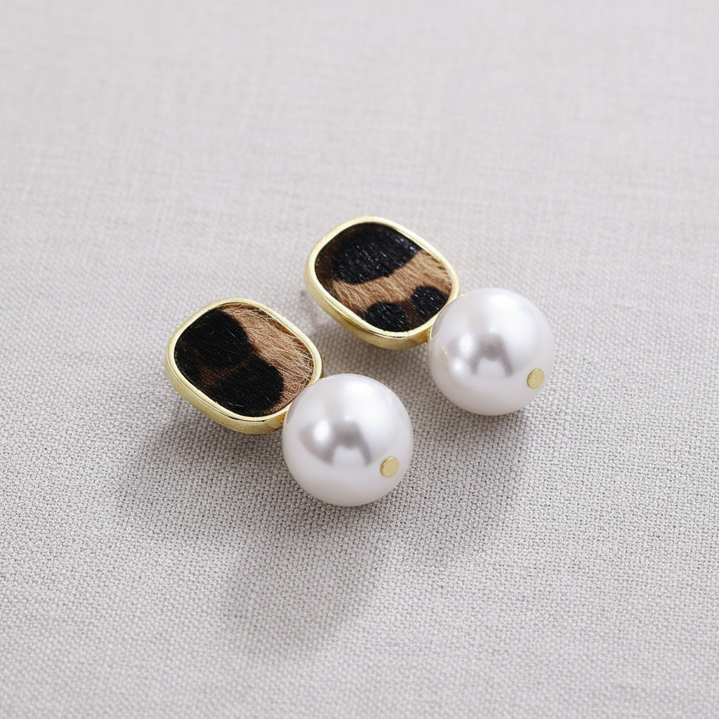 Vintage Leopard Print Pearl Bow Earrings