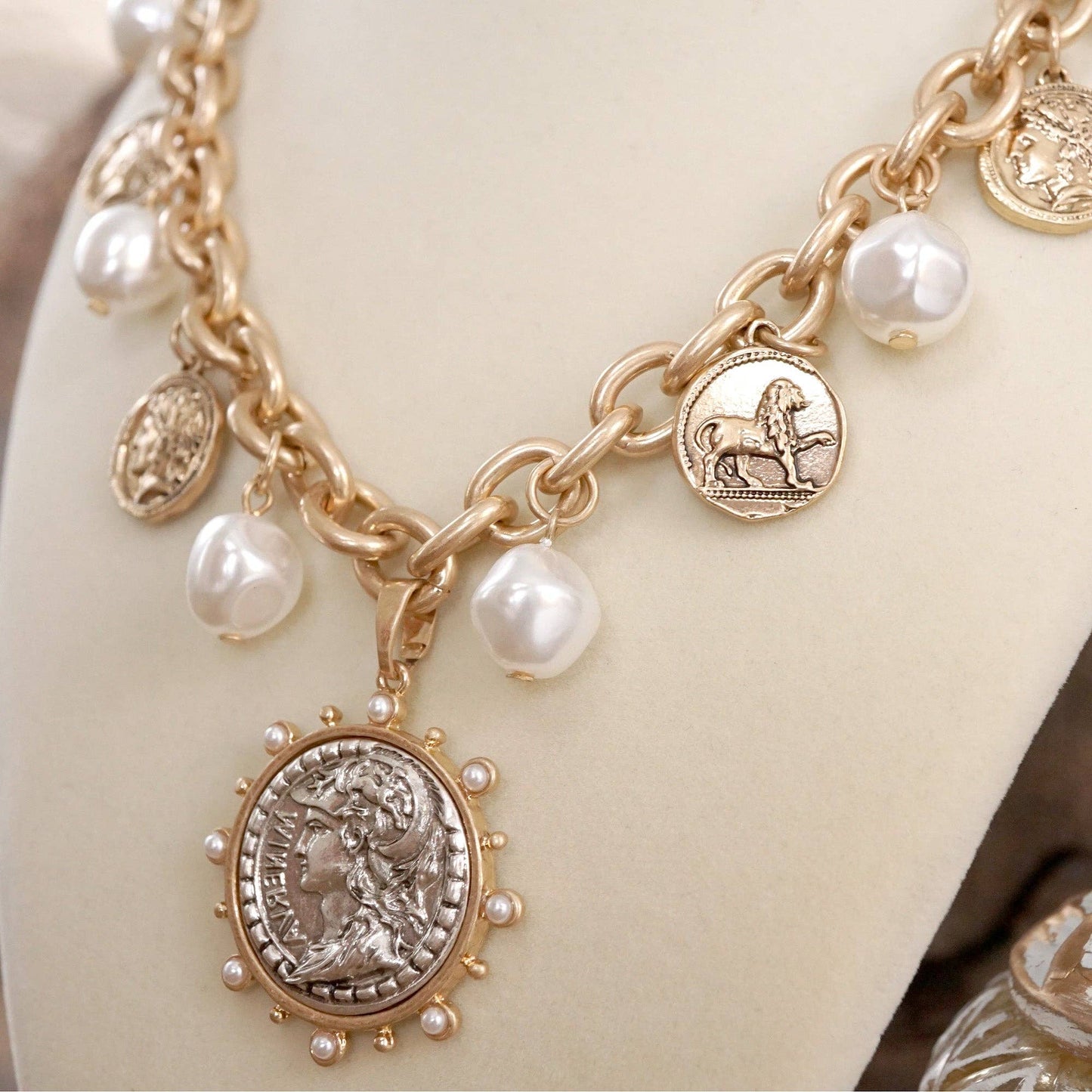Boho Coin and Pearl Charms Statement Necklace – Gold and Silver Tone: Silver