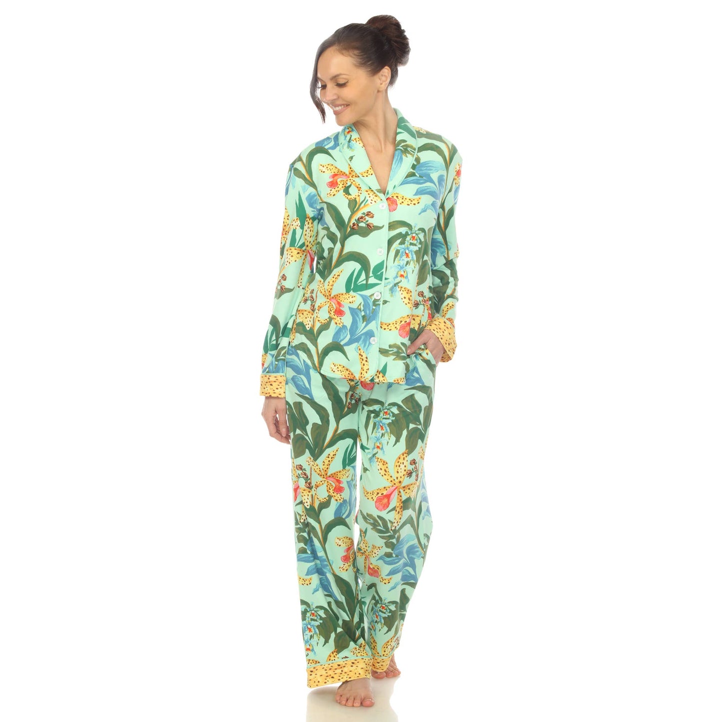 Women's Two Piece Wildflower Print Pajama Set: Navy / XL