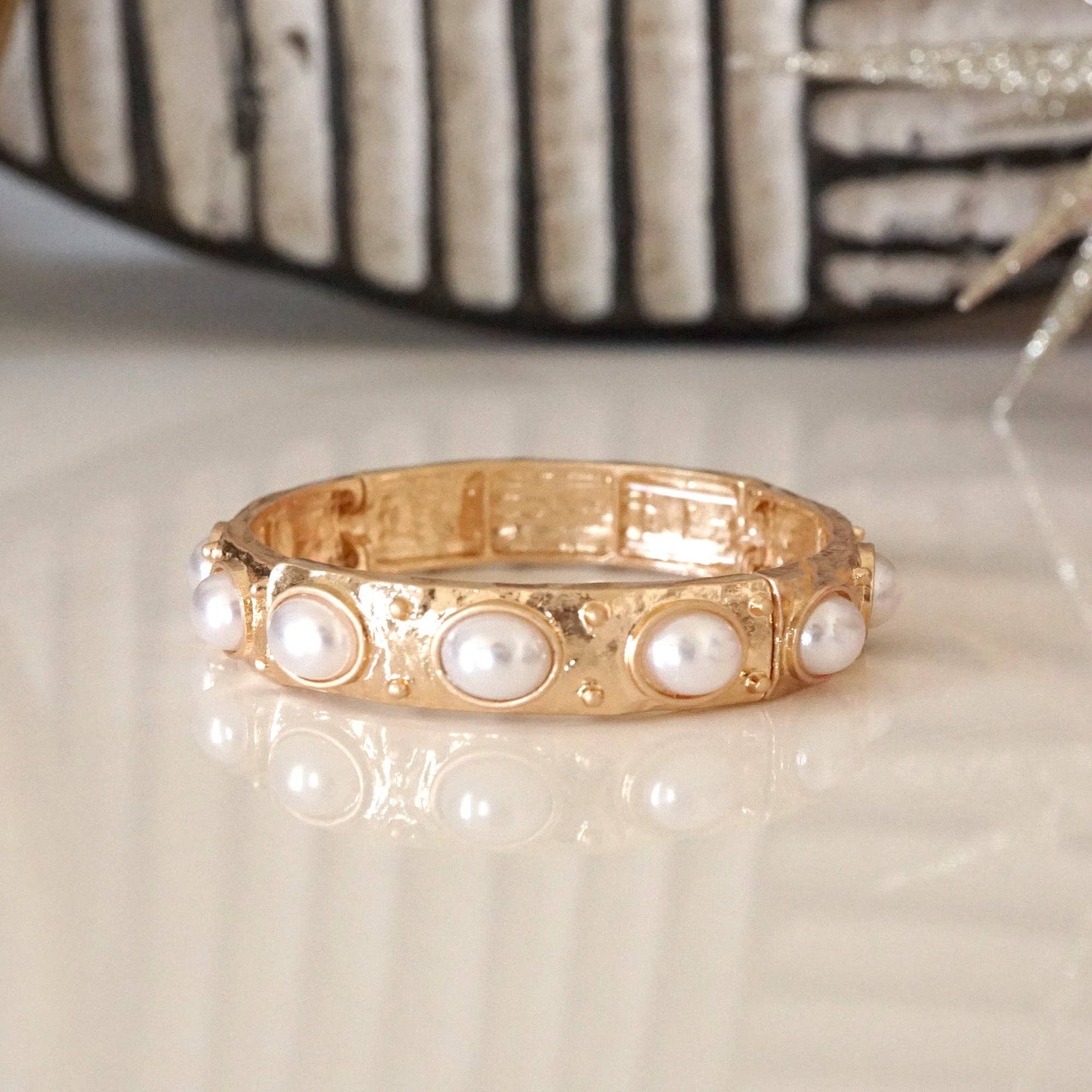 Classic Golden Stretchy Bangles – Pearl or Turquoise Accents: Turquoise
