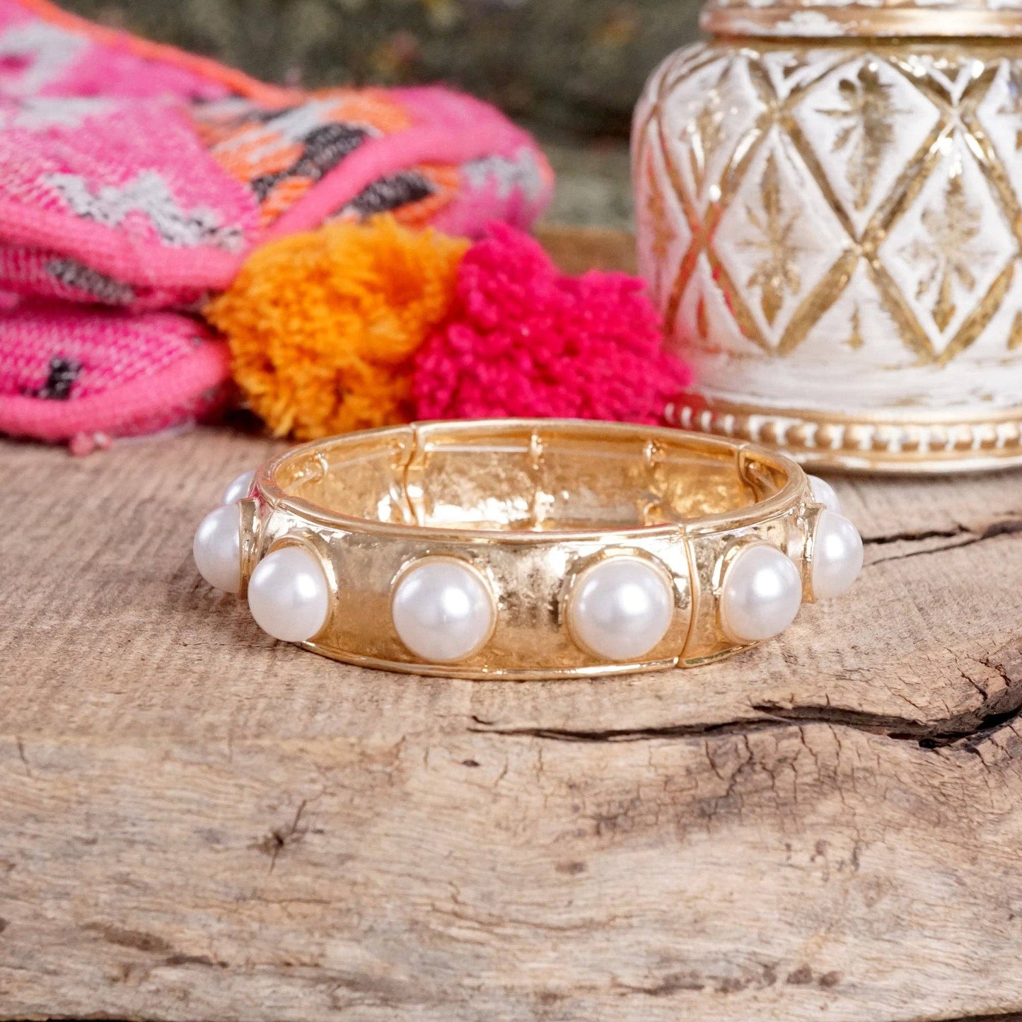 Eternity Statement Bangle Gold Tone Cream Orange Brown Pink Black Turquoise Pearl: Pearl