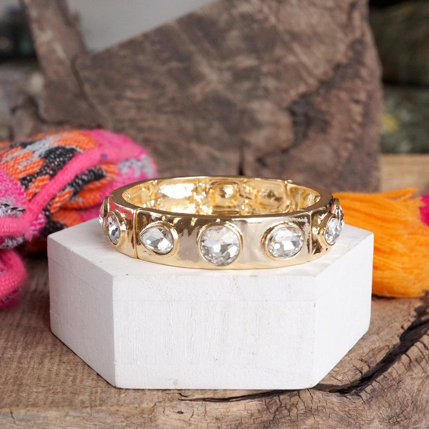 Sparkly Crystal Stretch Bangles – Gold Tone with Color Options: Neutrals