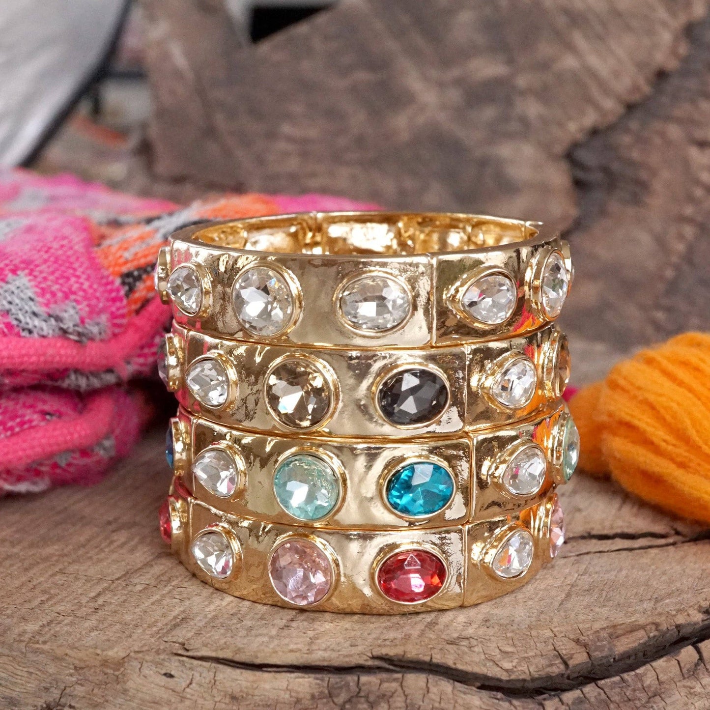Sparkly Crystal Stretch Bangles – Gold Tone with Color Options: Neutrals