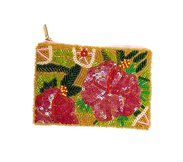 Ladies Floral Themed Beaded Coin Purse