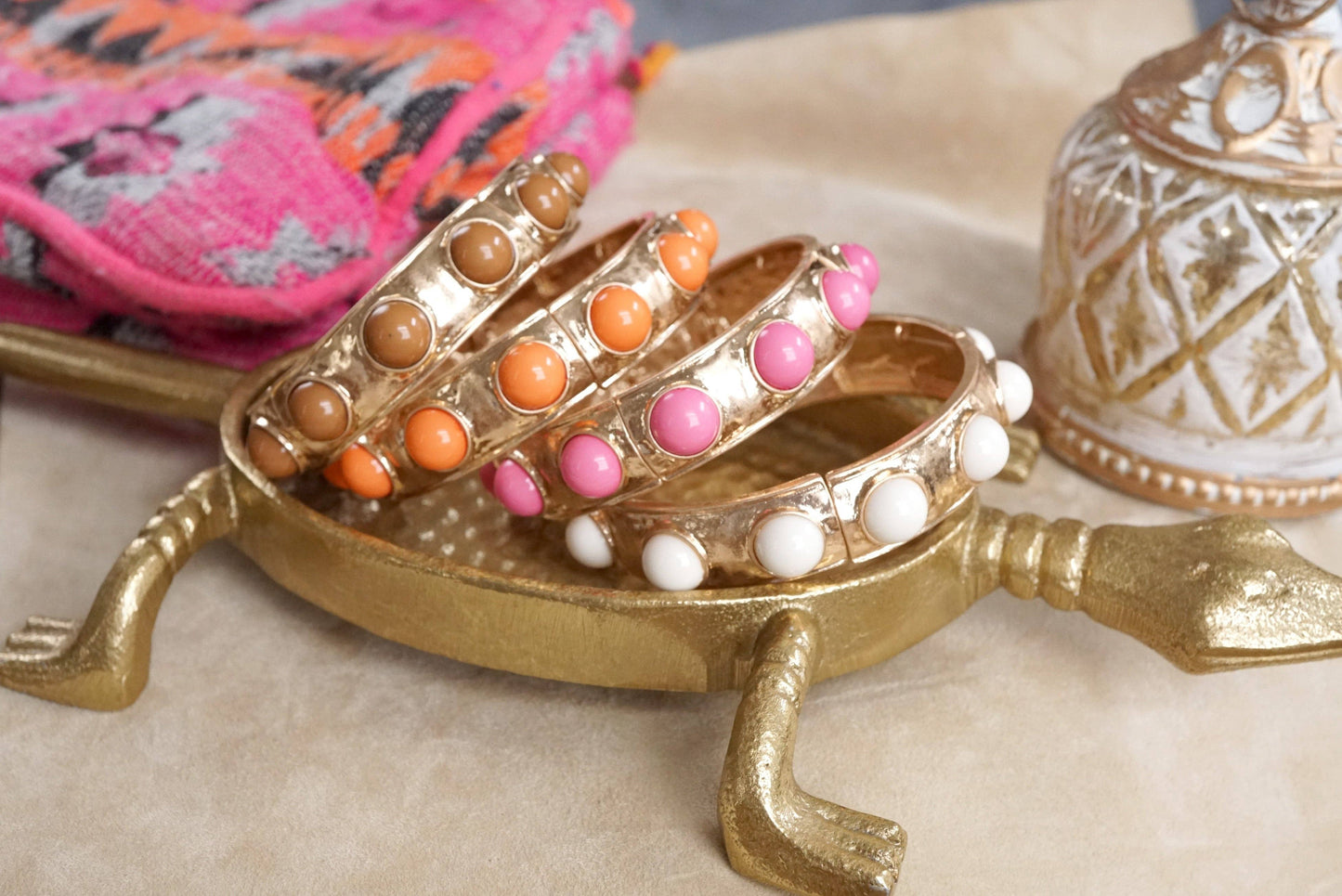 Eternity Statement Bangle Gold Tone Cream Orange Brown Pink Black Turquoise Pearl: Pearl