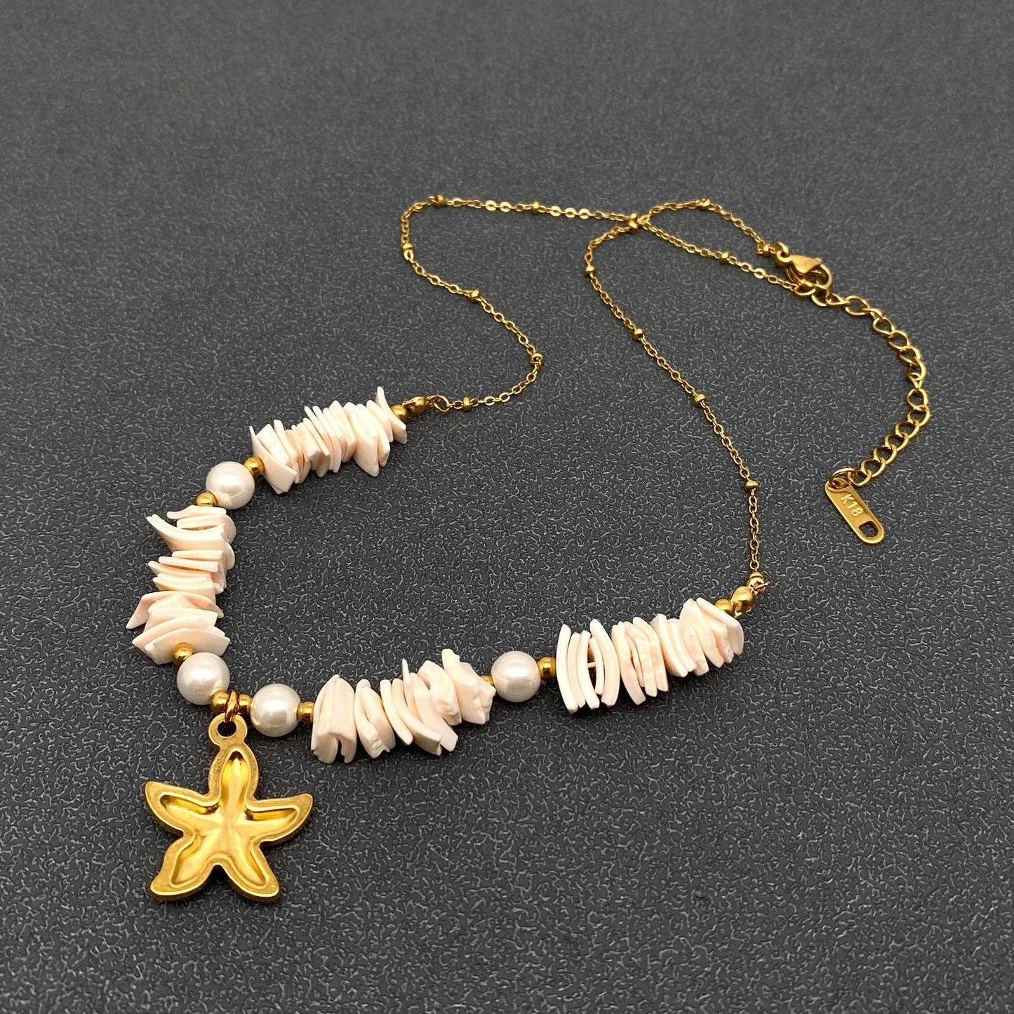 Starfish Charm Pearl & Shell Beaded 18K Golden Necklace -FGS