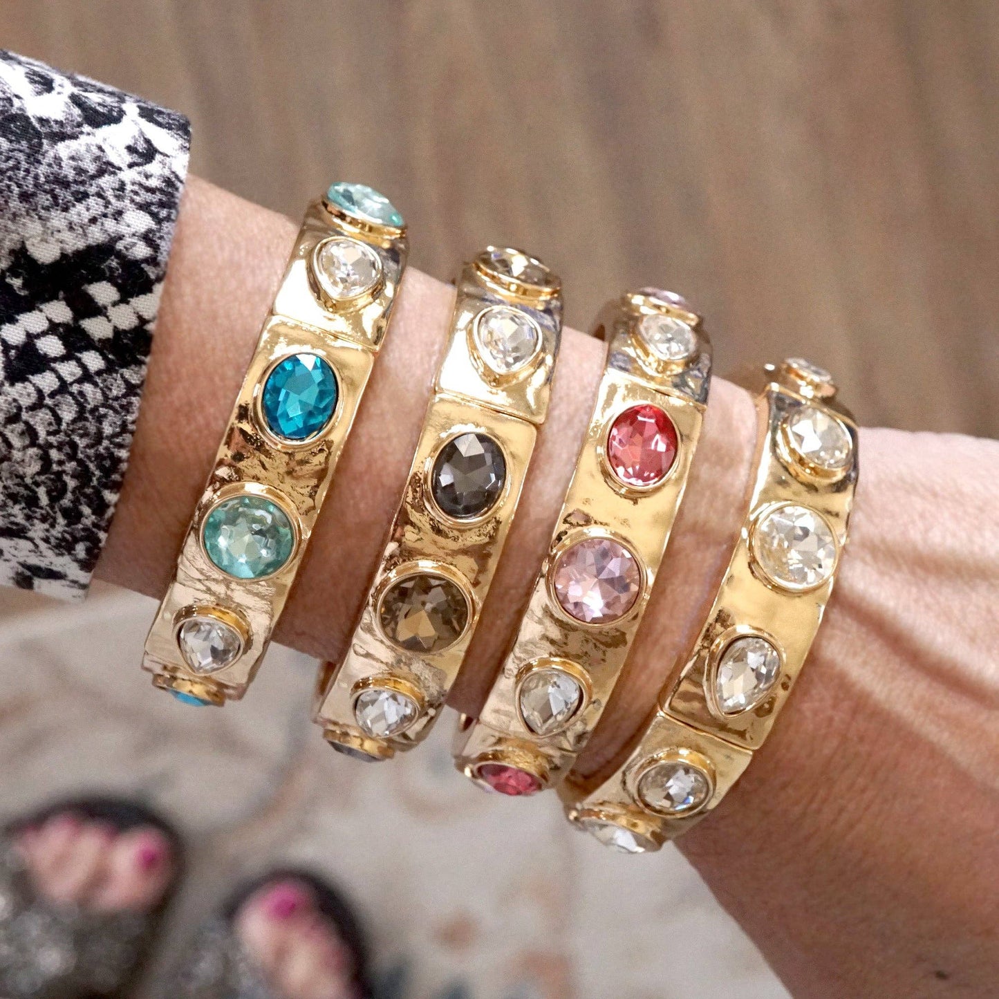 Sparkly Crystal Stretch Bangles – Gold Tone with Color Options: Neutrals