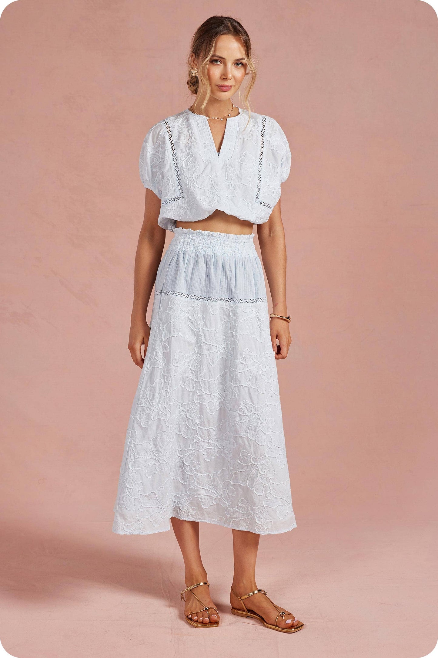 Floral Embroidery Cotton Lace Trim Skirt Top Set: Crystal Blue / M