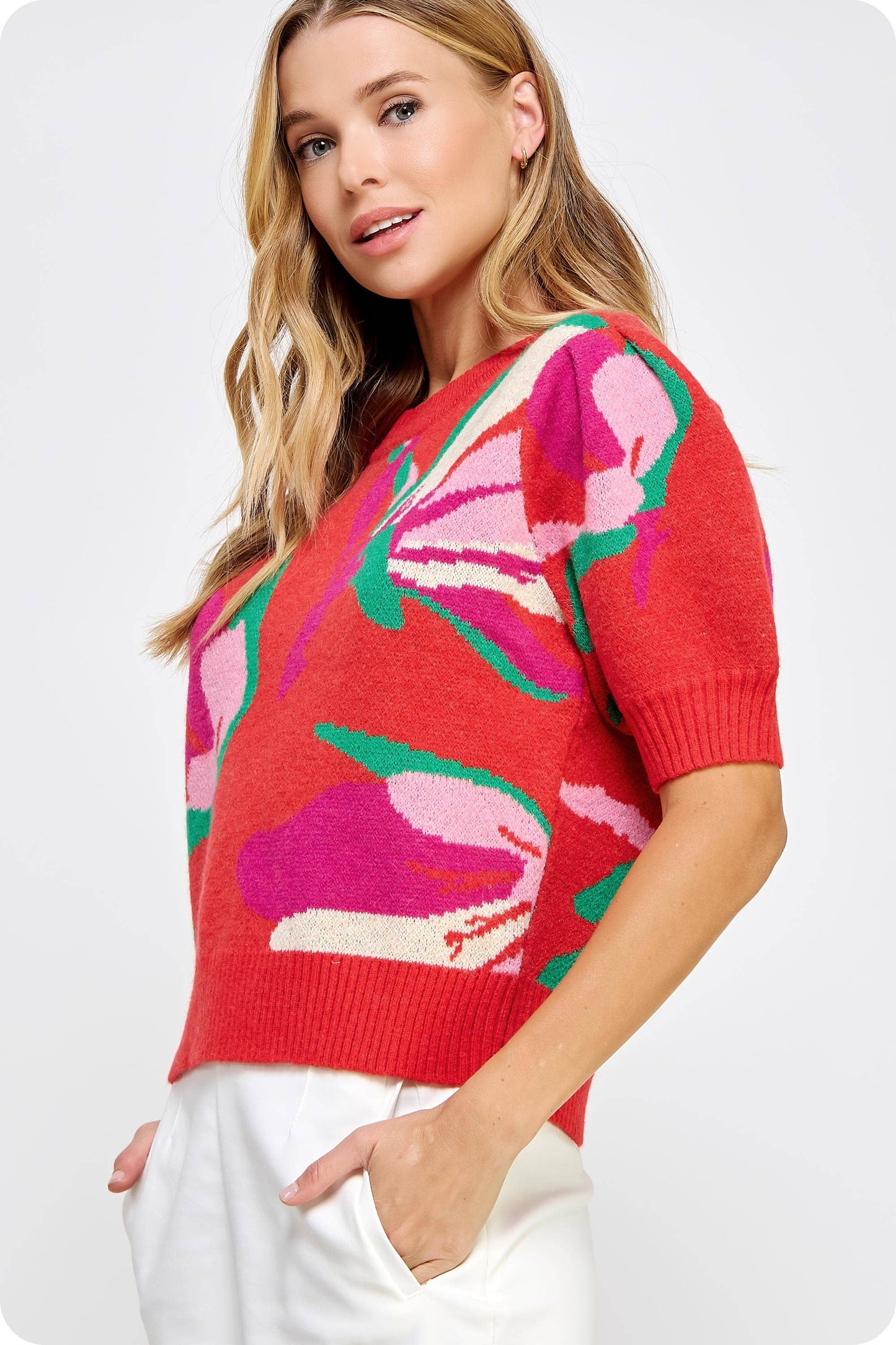 Floral Pattern Short Sleeve Knit Top: Spicy Orange Multi / L