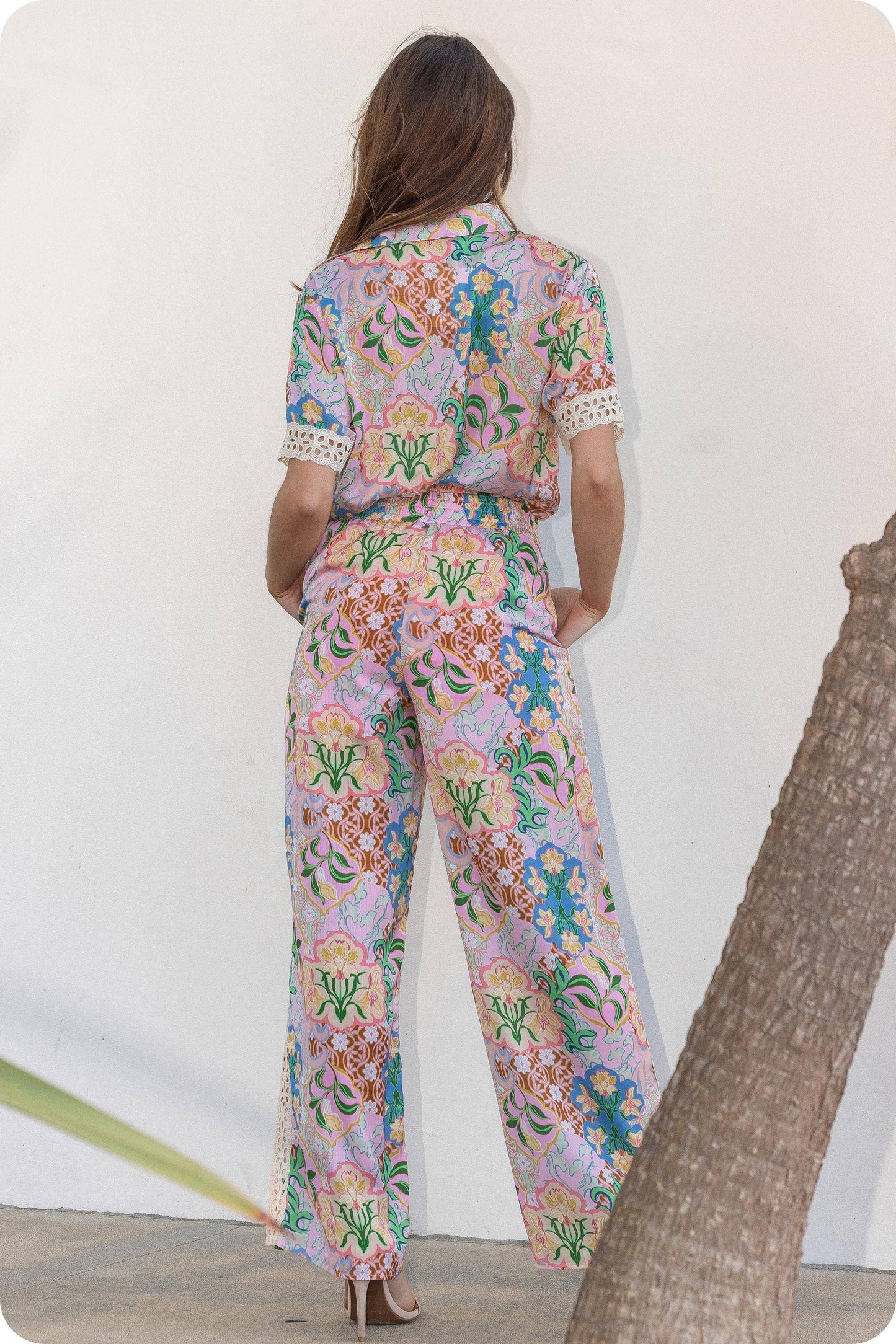 Garden Party Crochet Contrast Trim Satin Shirt: Multi / L