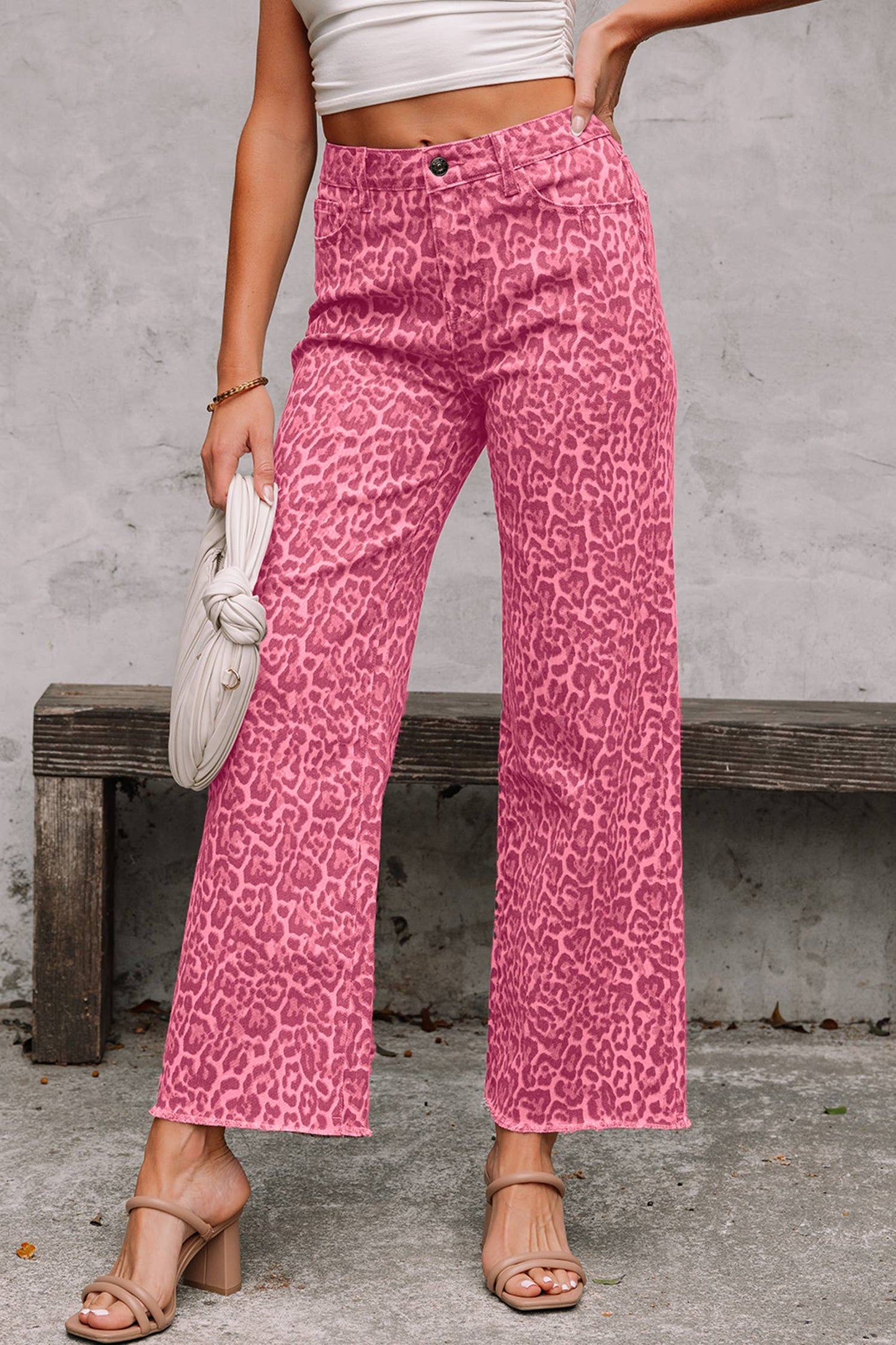 LDC Leopard Frayed Edge Wide Leg High Waist Jeans: Brown / 8