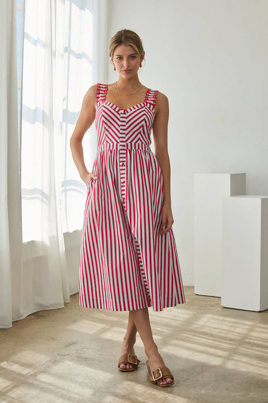 Striped Midi Dress with Embroidered Detail: Red-White / M