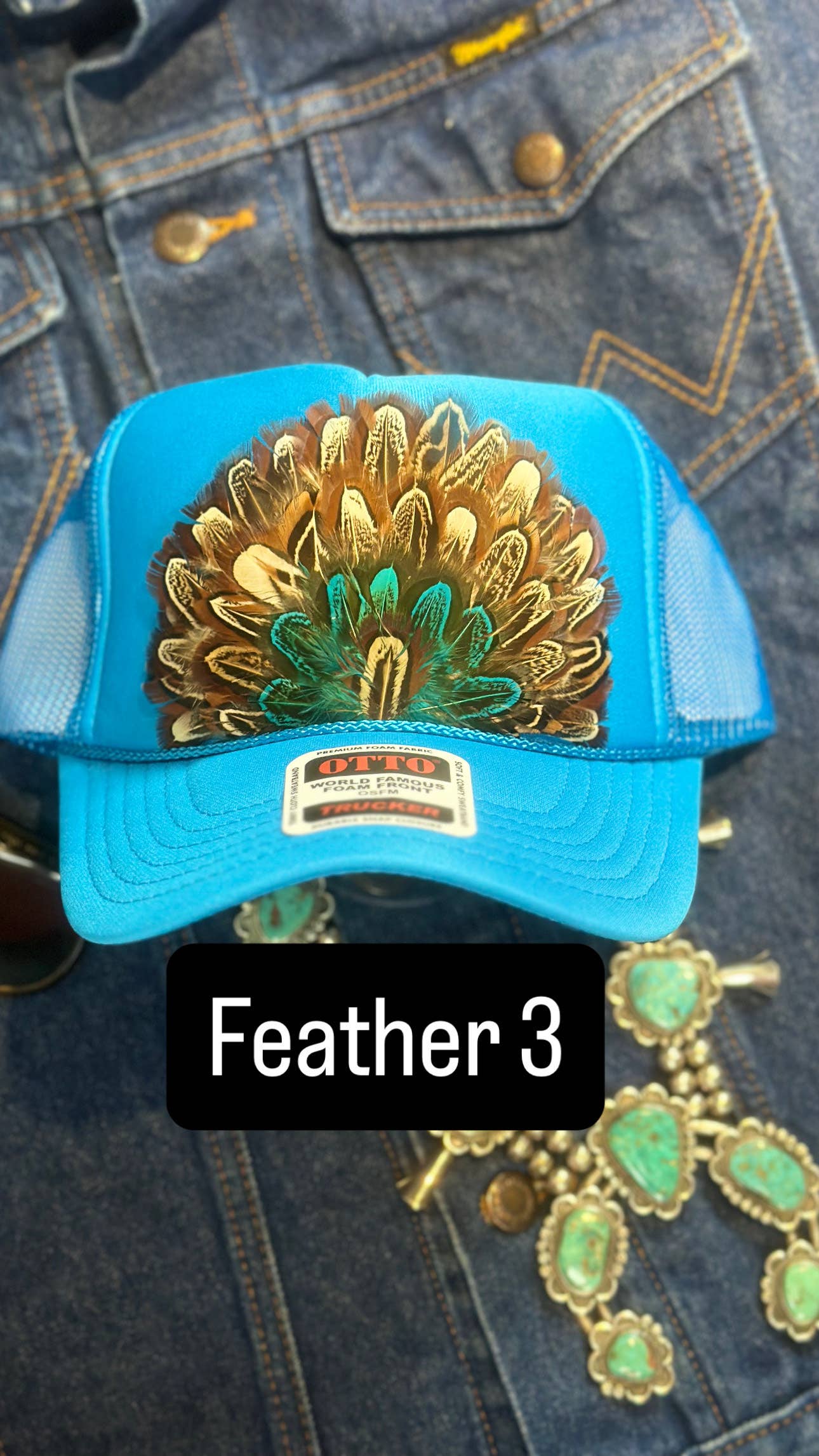 BLUE FEATHER TRUCKER HAT: No Faux Turquoise / Feather 1