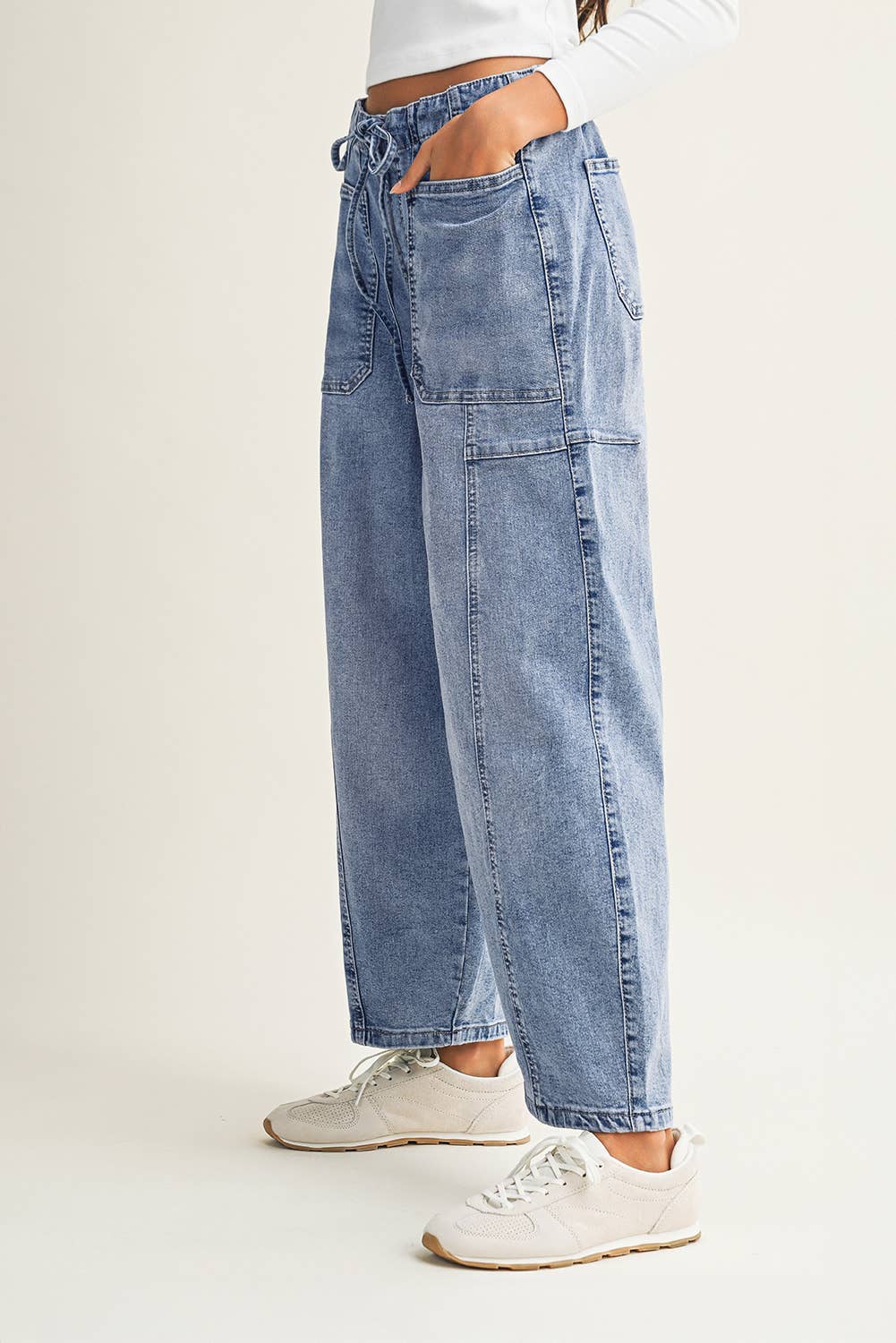 LDC Large Patch Pocket Drawstring Paperbag Waist Jeans: Myosotis / 14