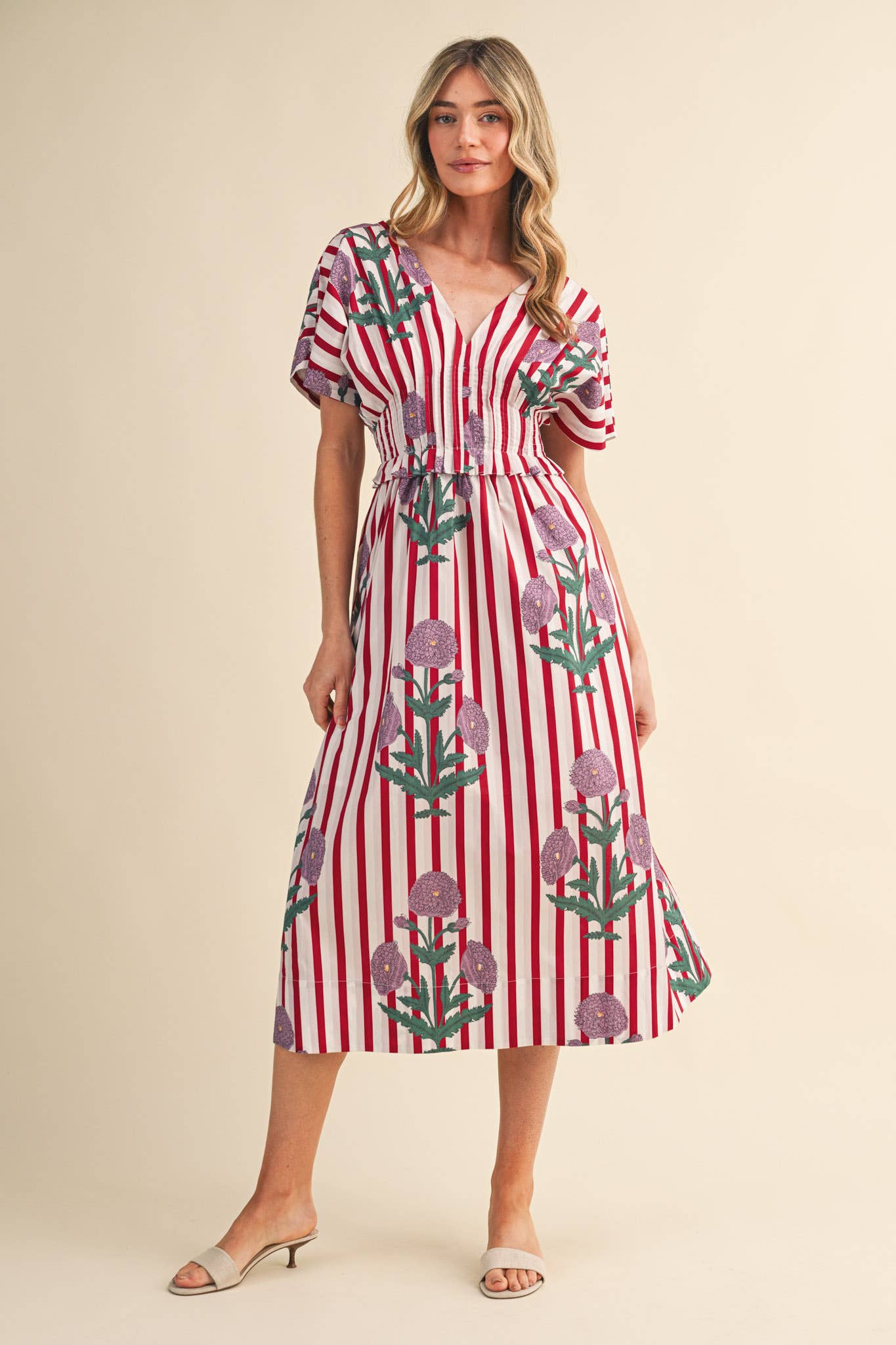 STRIPED FLORAL PIN TUCK WAIST MIDI DRESS MDR4787: BLUE FLORAL STRIPE / L
