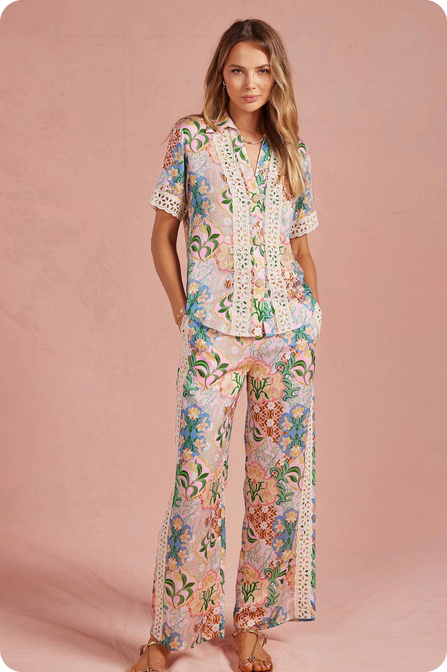 Garden Party Crochet Contrast Satin Pants: Multi / L