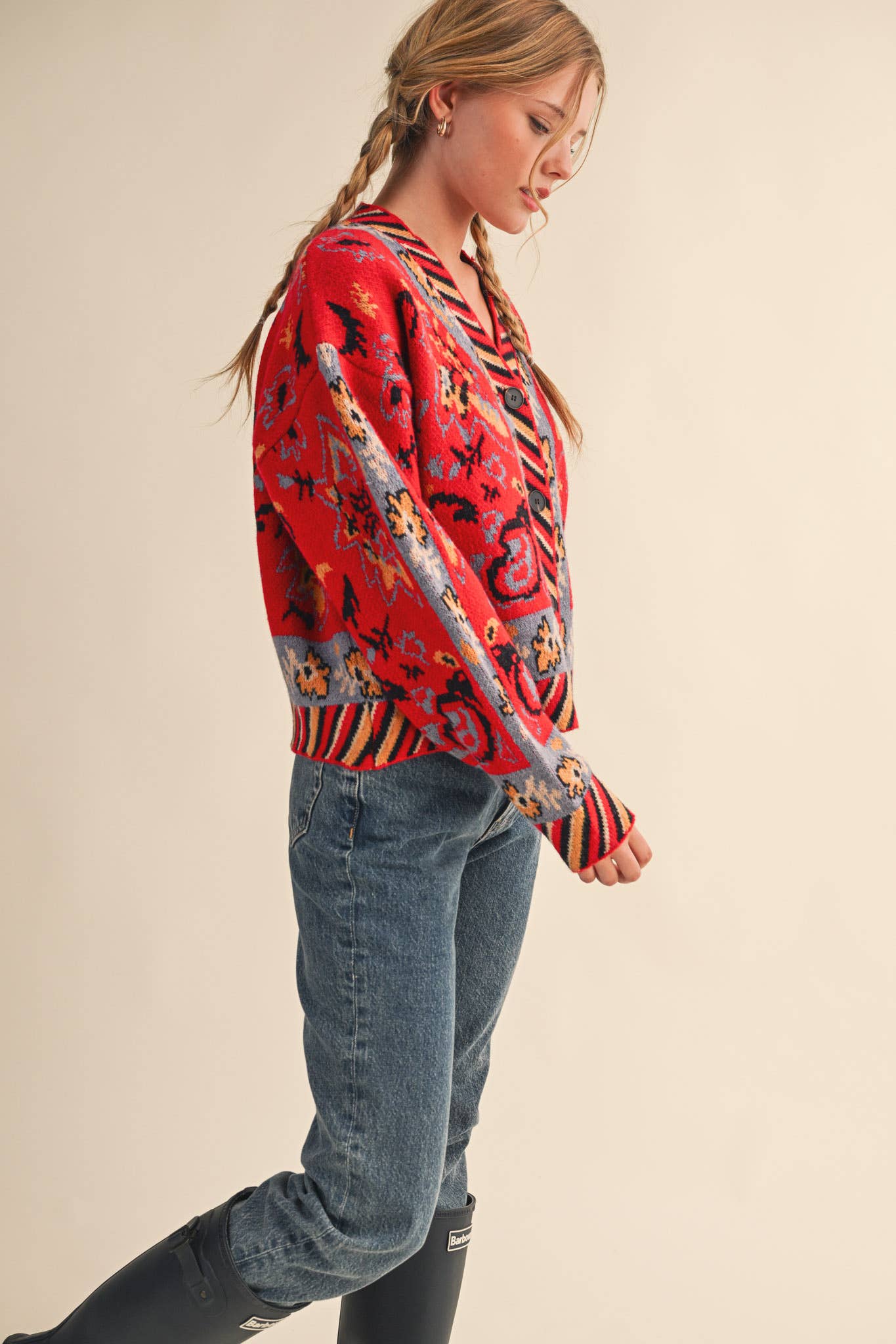 PAISLEY KNIT SWEATER CARDIGAN MSW11102: Ivory Coral Multi / L