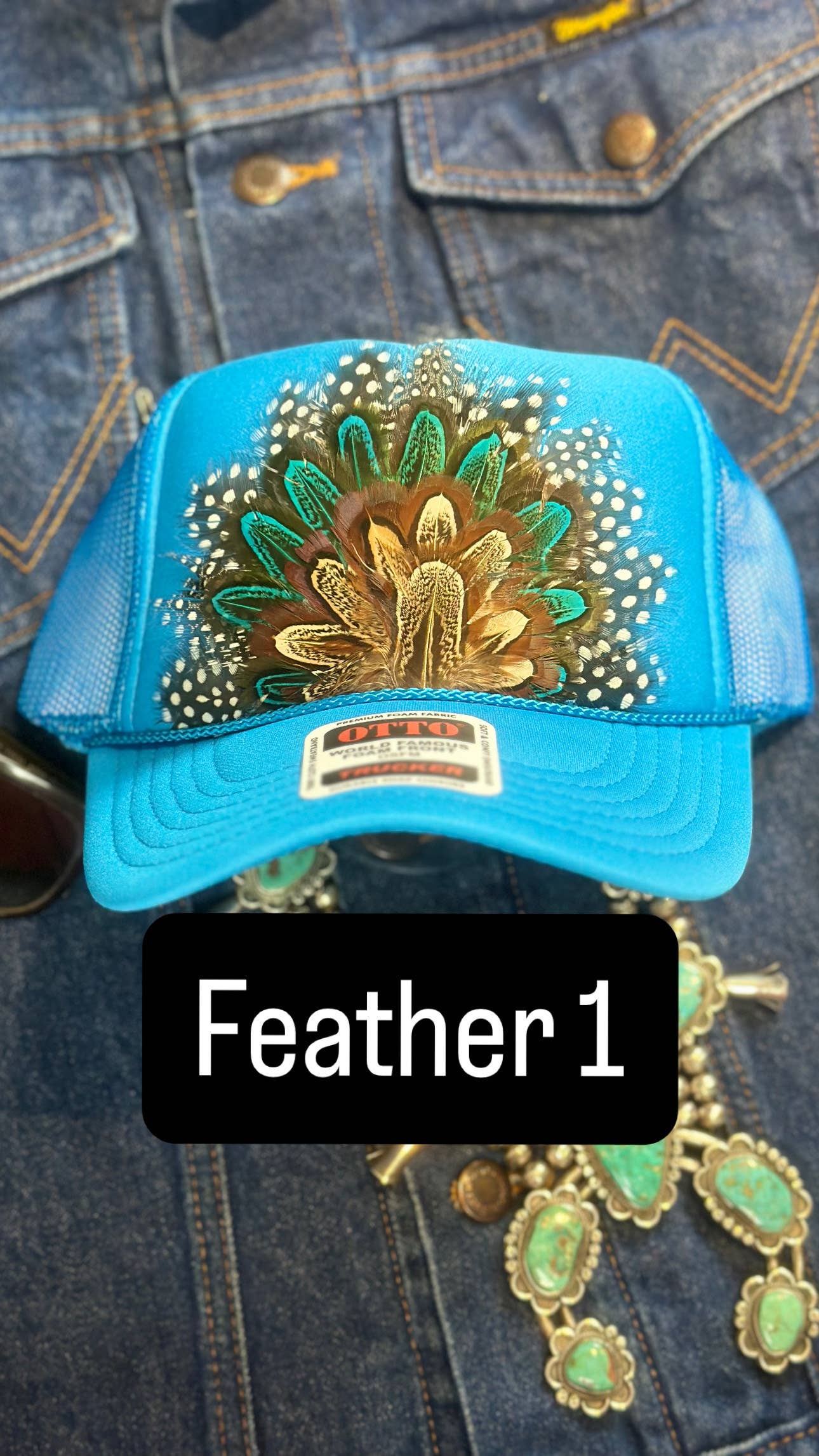 BLUE FEATHER TRUCKER HAT: No Faux Turquoise / Feather 1
