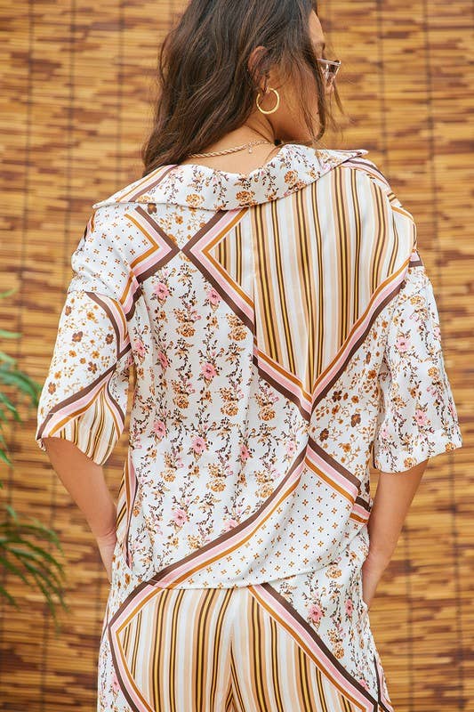 Printed Satin Top And Pants Set: Ivory Multi / M