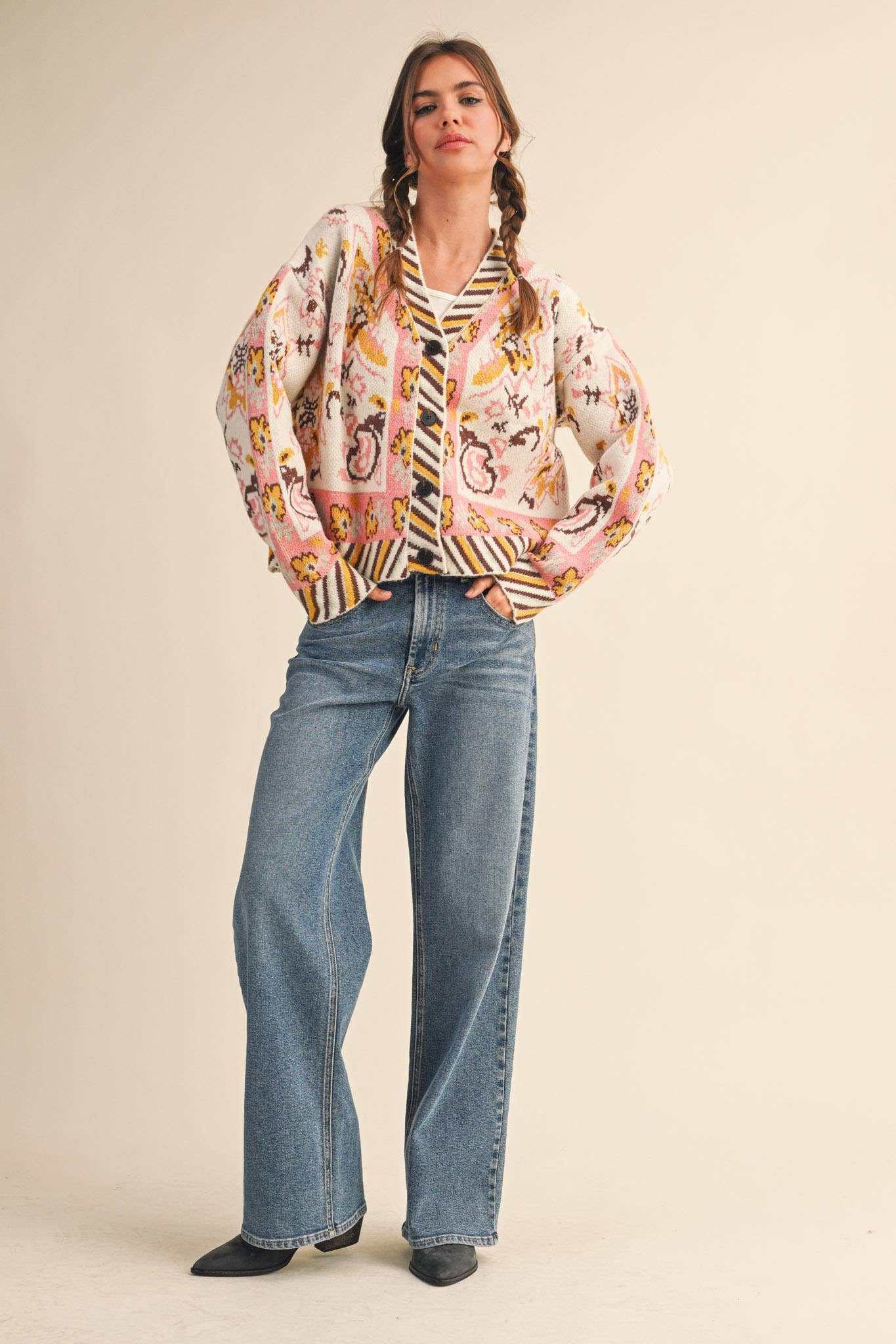 PAISLEY KNIT SWEATER CARDIGAN MSW11102: Ivory Coral Multi / M