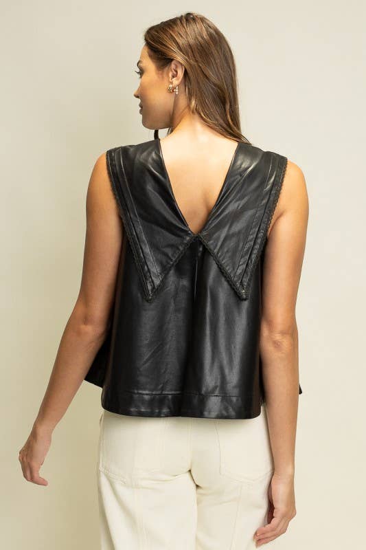 SOT1241 Faux Leather Sailor Collar Top: Black / S-M-L (2-2-2)