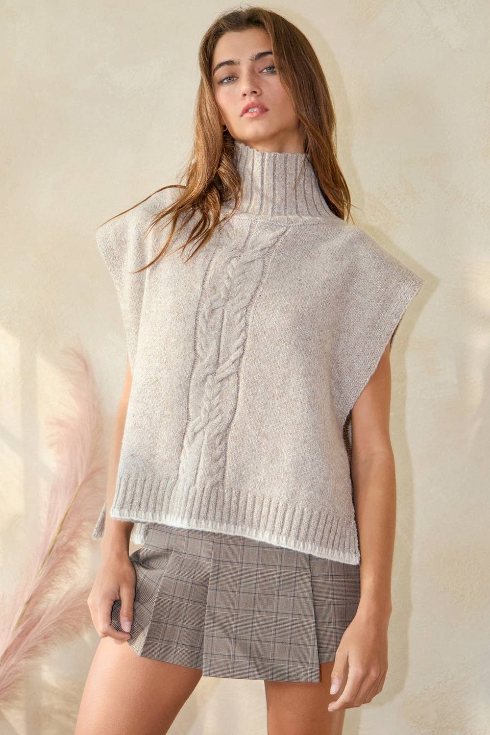 IT2435 Cable Knit Chunky Poncho Sweater Top: TAUPE / S-M-L (2-2-2)