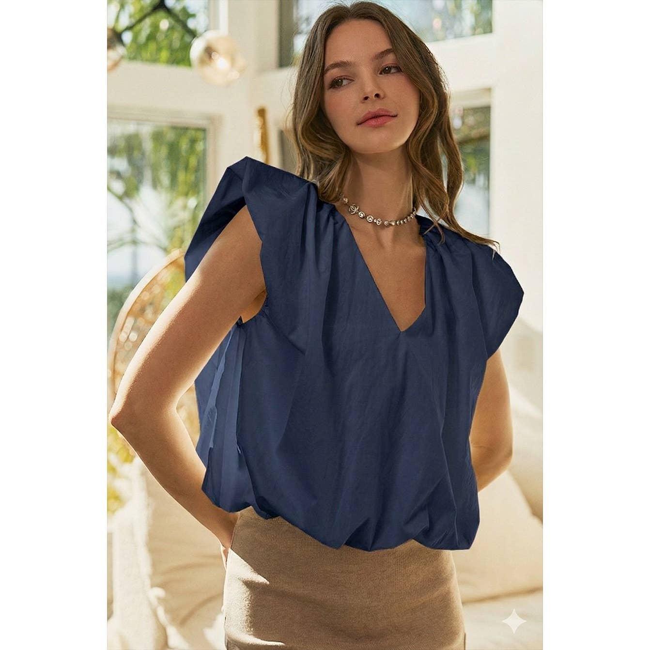 Quiet Elegance Sleeveless V Neck Blouse Top: SMOKY BLACK / S-M-L-XL(2-2-2-2)