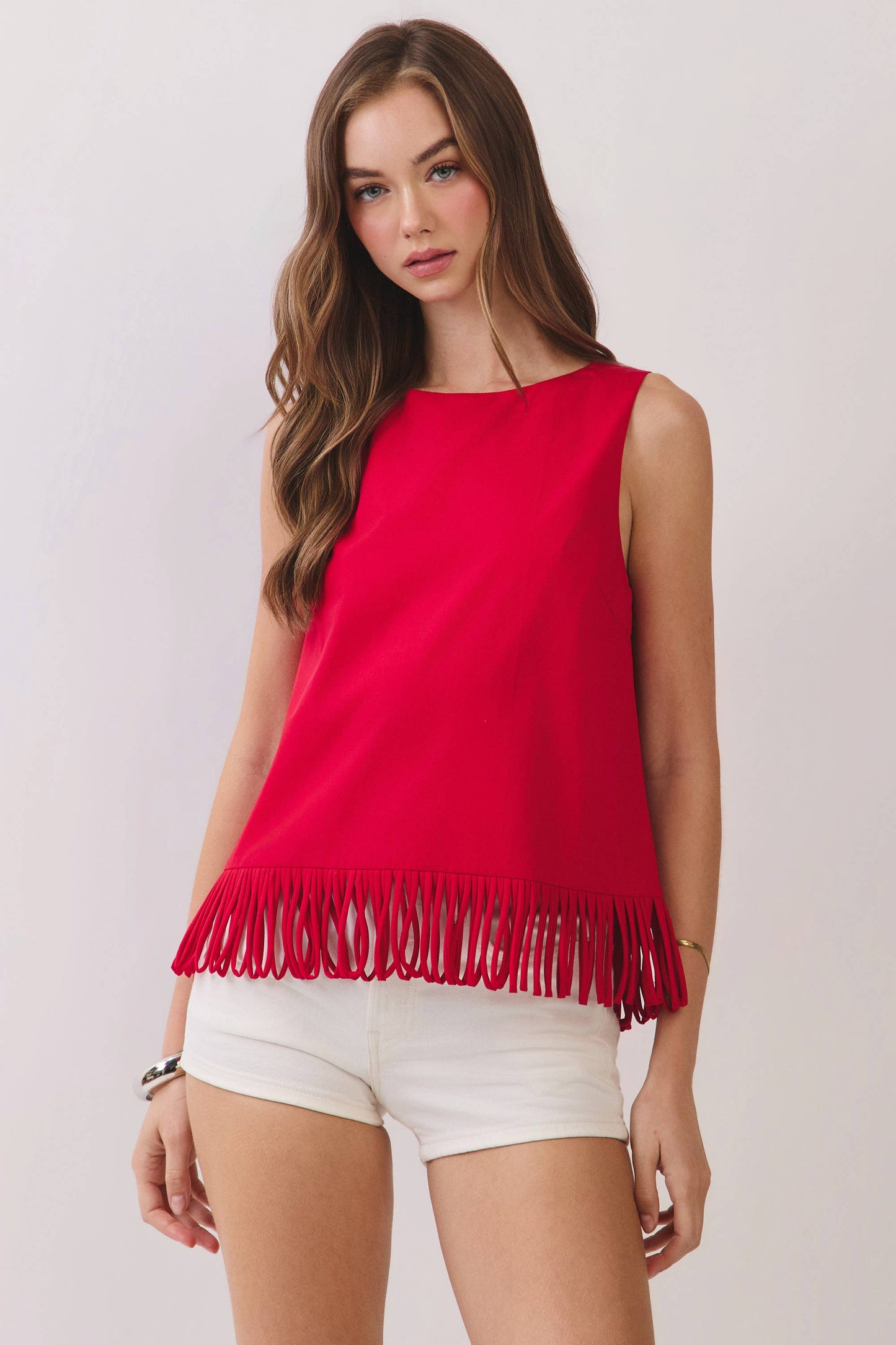 CT10040-Fringe Hem Sleeveless Top: Fuchsia / M