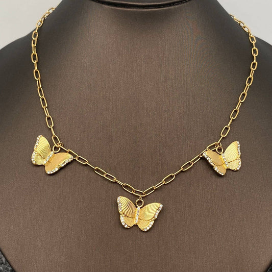 FGS- 3 Butterfly Charm Inlaid CZ 18K Gold Plated SS Necklace