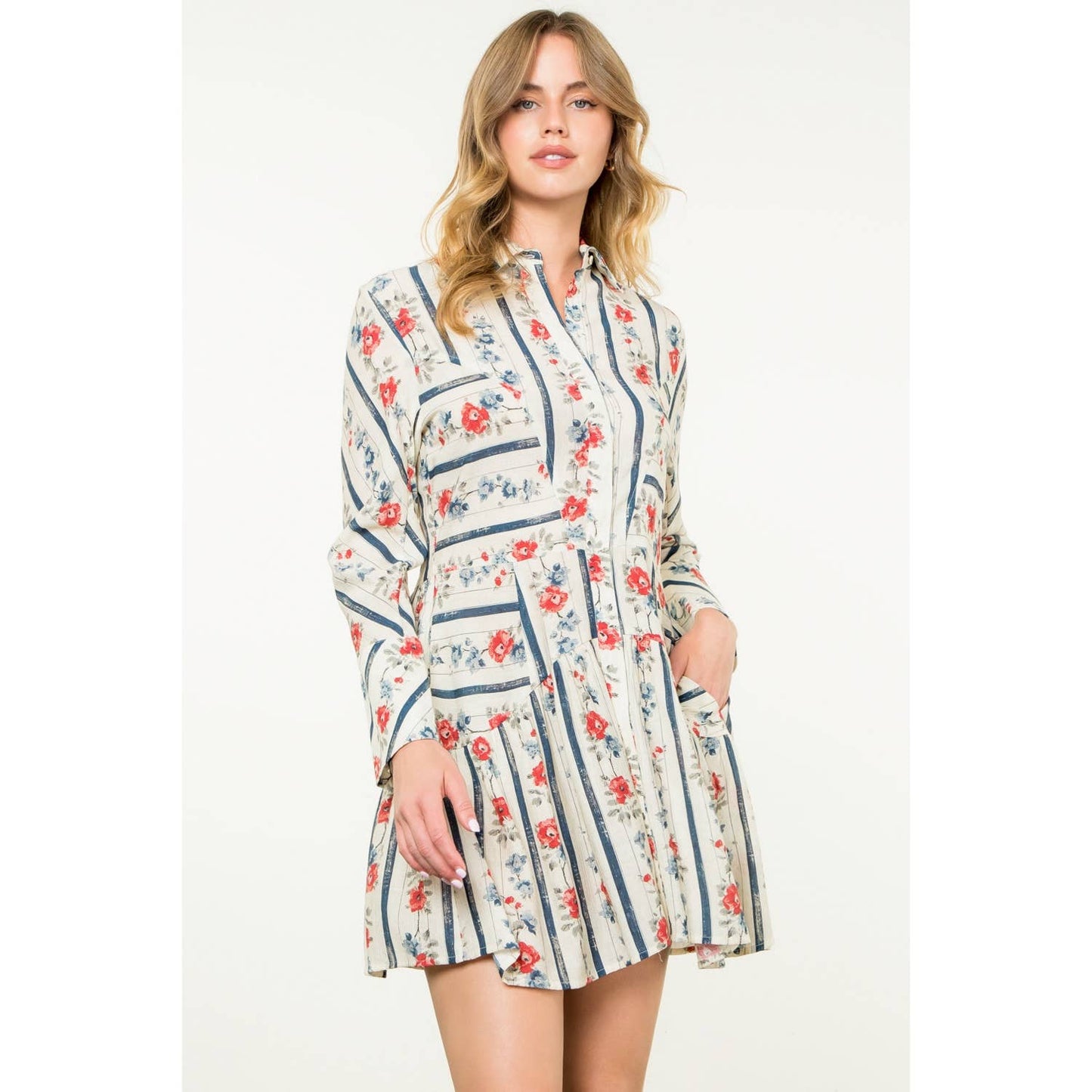 Long Sleeve Floral Dress: CREAM / XS-S-M-L(1-2-2-1)