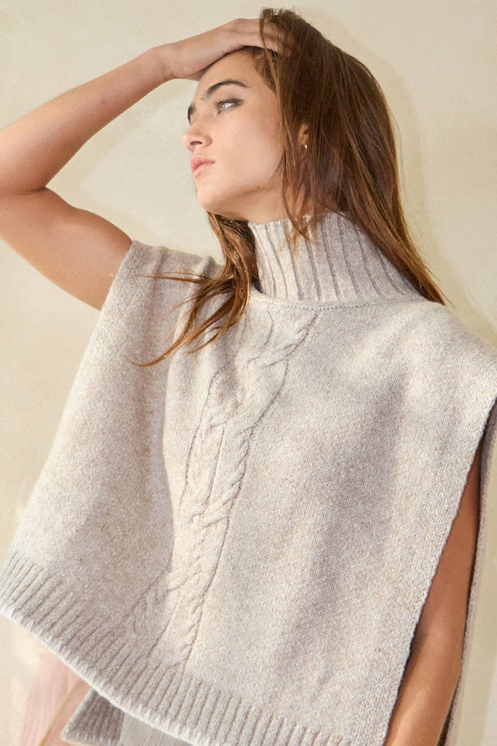 IT2435 Cable Knit Chunky Poncho Sweater Top: TAUPE / S-M-L (2-2-2)