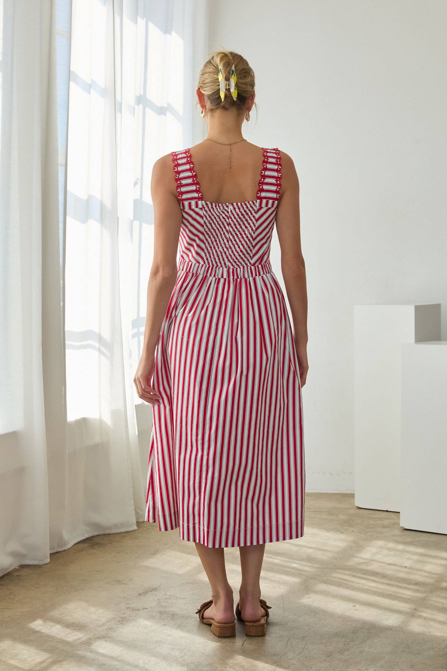 Striped Midi Dress with Embroidered Detail: Red-White / XS