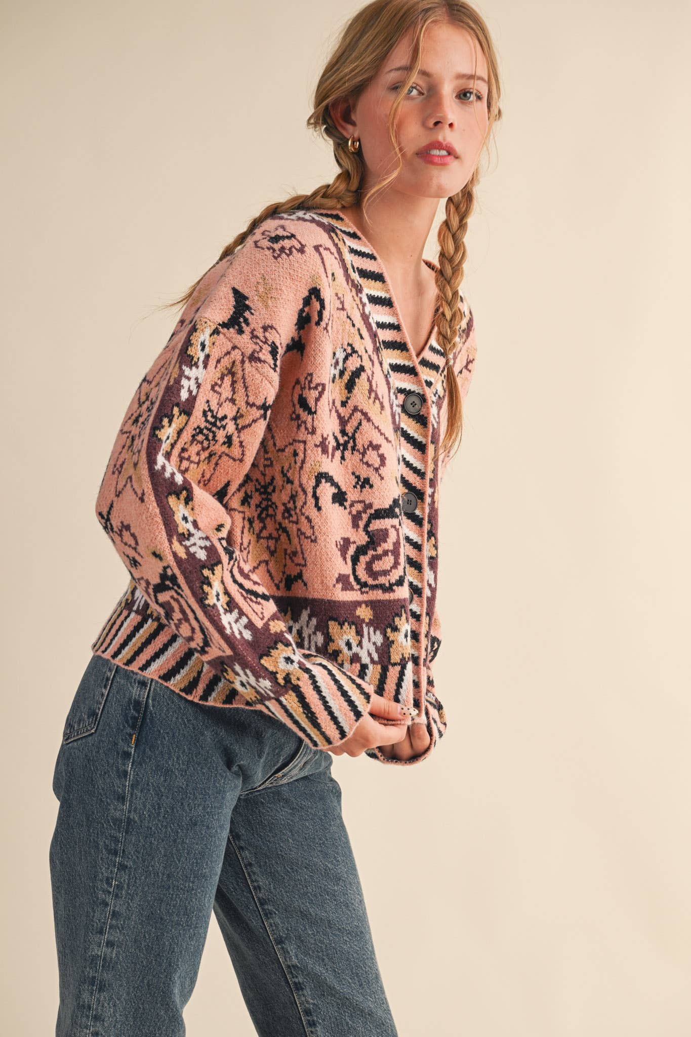 PAISLEY KNIT SWEATER CARDIGAN MSW11102: Ivory Coral Multi / M