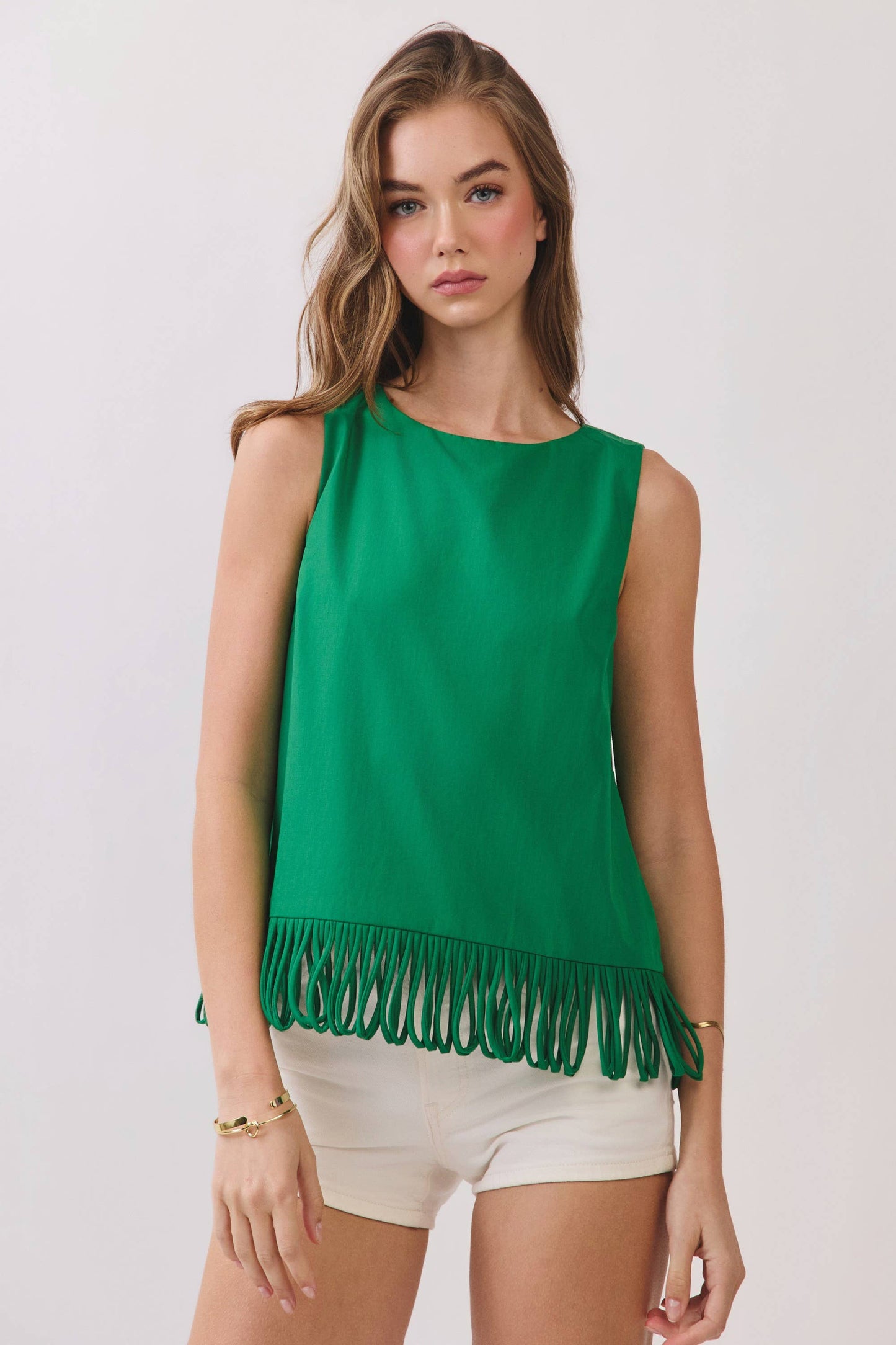CT10040-Fringe Hem Sleeveless Top: Fuchsia / M