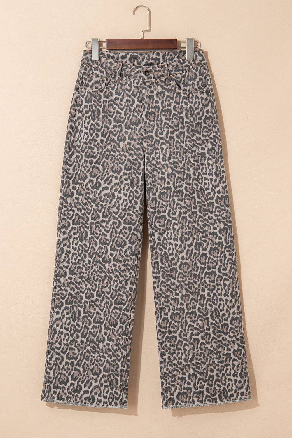 LDC Leopard Frayed Edge Wide Leg High Waist Jeans: Brown / 8
