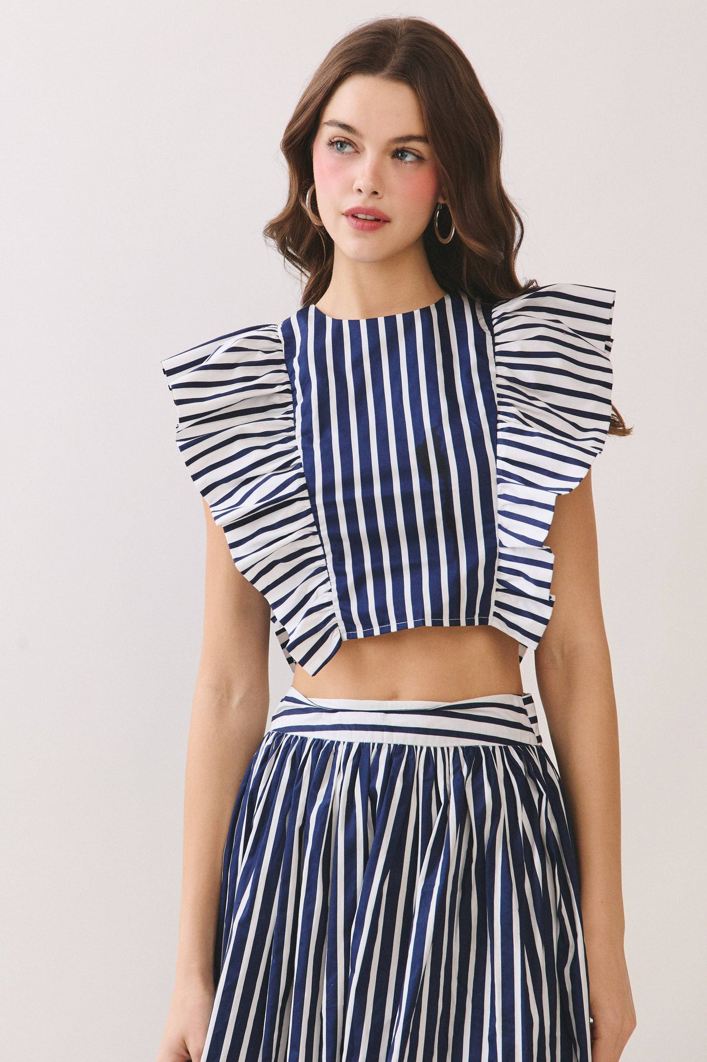 CT9802-Striped Bold Flutter Ruffle Sleeves Cropped Top: NAVY / S