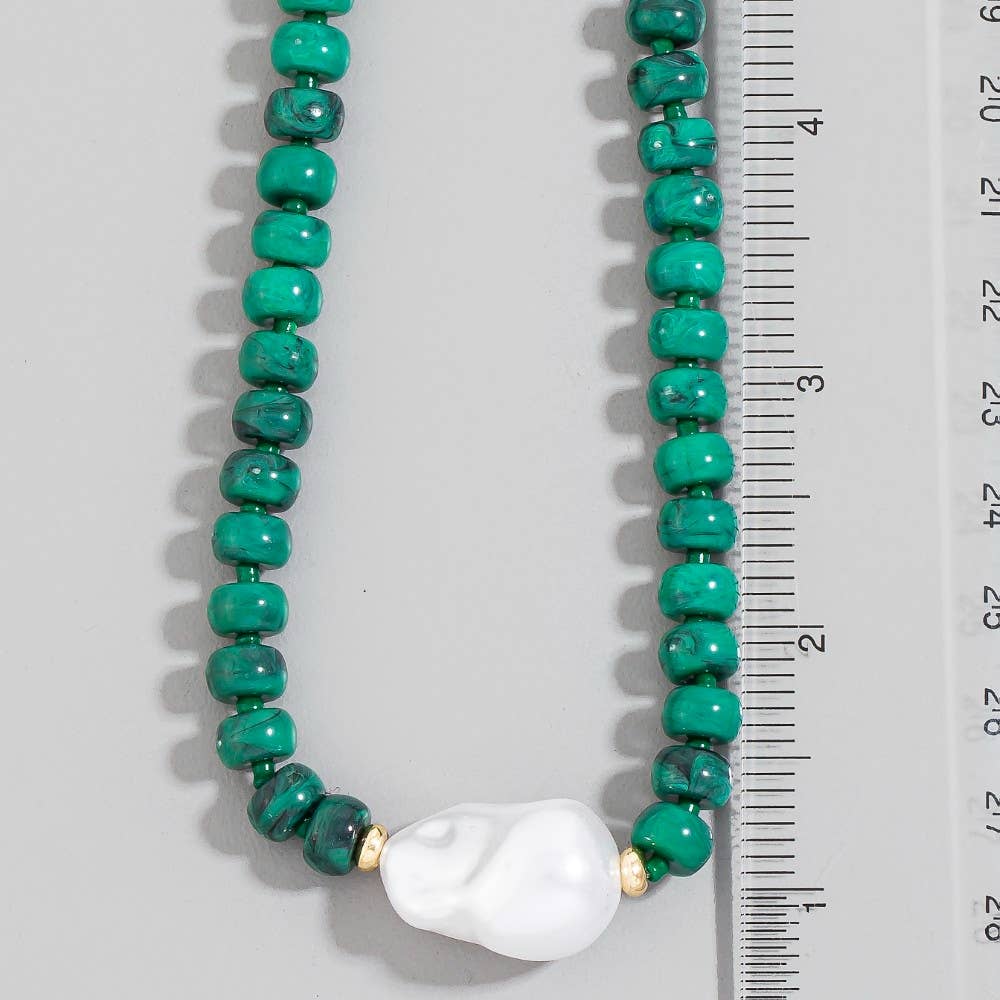 Pearl Pendant Green Stone Beaded Necklace: B