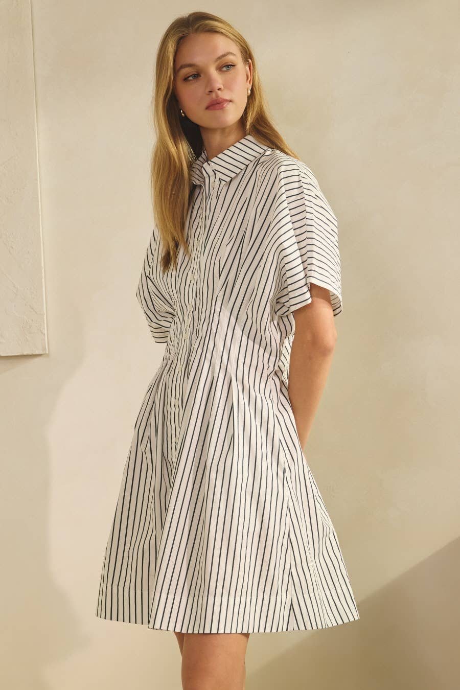 Striped Short-sleeve Shirt Dress: Apple Green / M